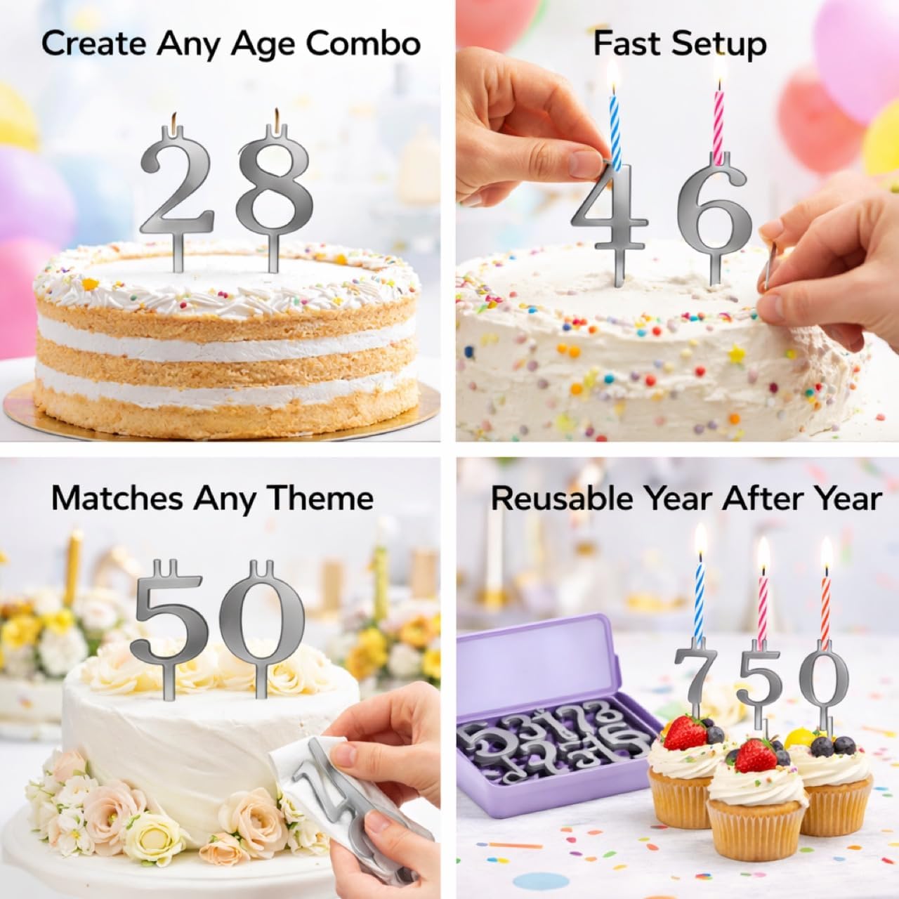 20 Pack (2 Sets) Reusable Silver Number Birthday Cakes Candle Holder Set - Metal Candle Holders Stand - Cake Topper Decorations