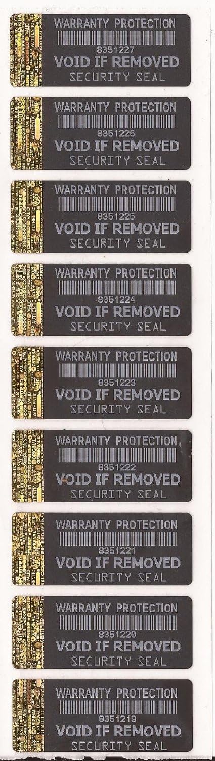 – Warranty Protection Black Tamper Evident Security Labels X 100 with Gold Hologram Strip to Short Edge Each with Unique Serial Number