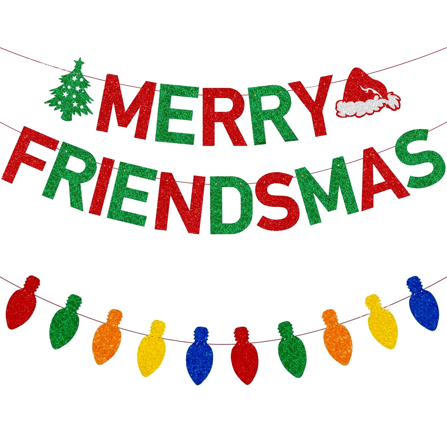 RmKbe Merry Friendsmas Banner Funny Christmas Banner Glitter Paper Banners Xmas Holiday Home Office Decor for Party Supplies