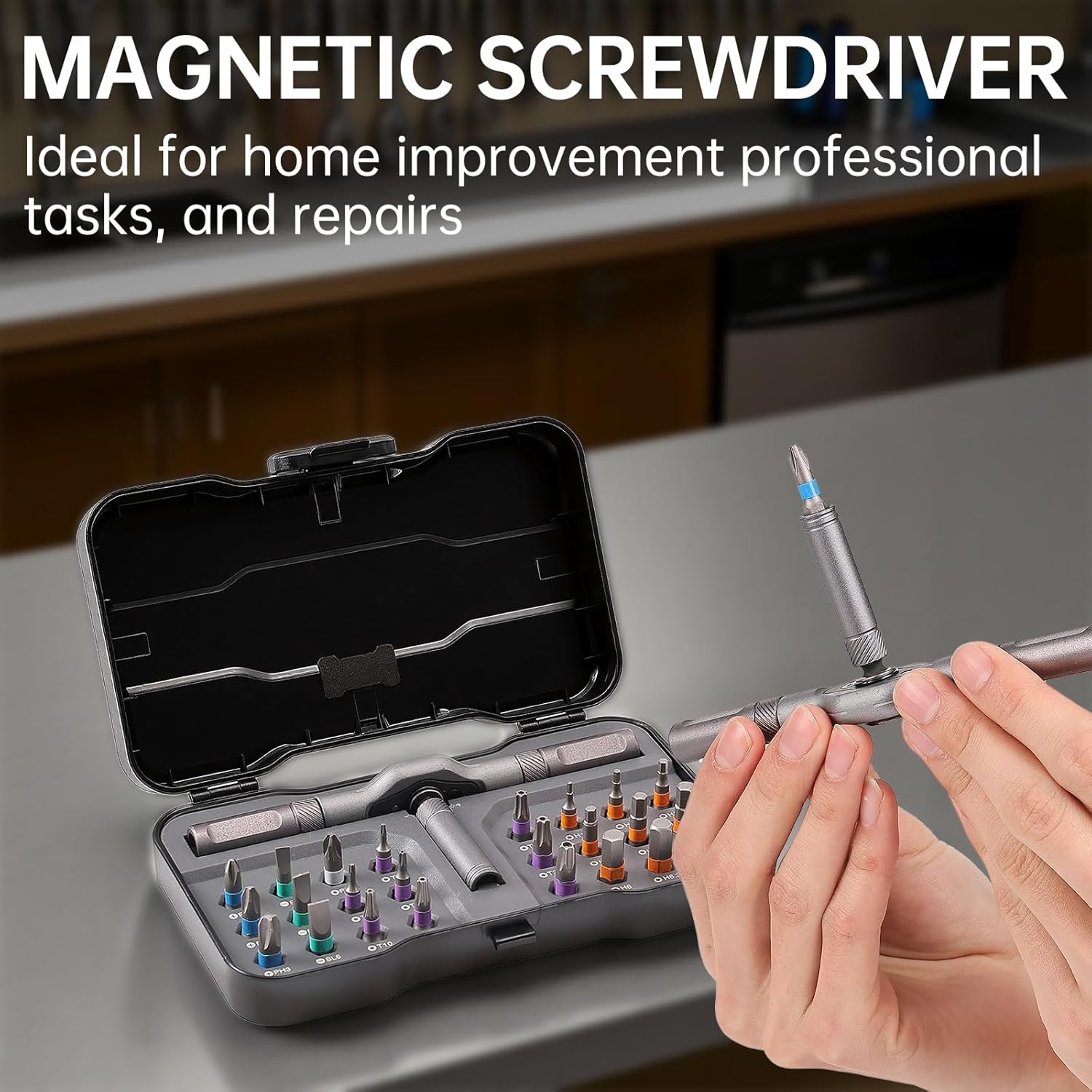 24 in 1 Magnetic Ratchet Screwdriver Set, Professional Ratcheting Screwdriver Tool Kit with S2 Steel Bits & Telescopic Handle for DIY, Electronics, Bicycles, Furniture & Tight Space Repairs (Black)