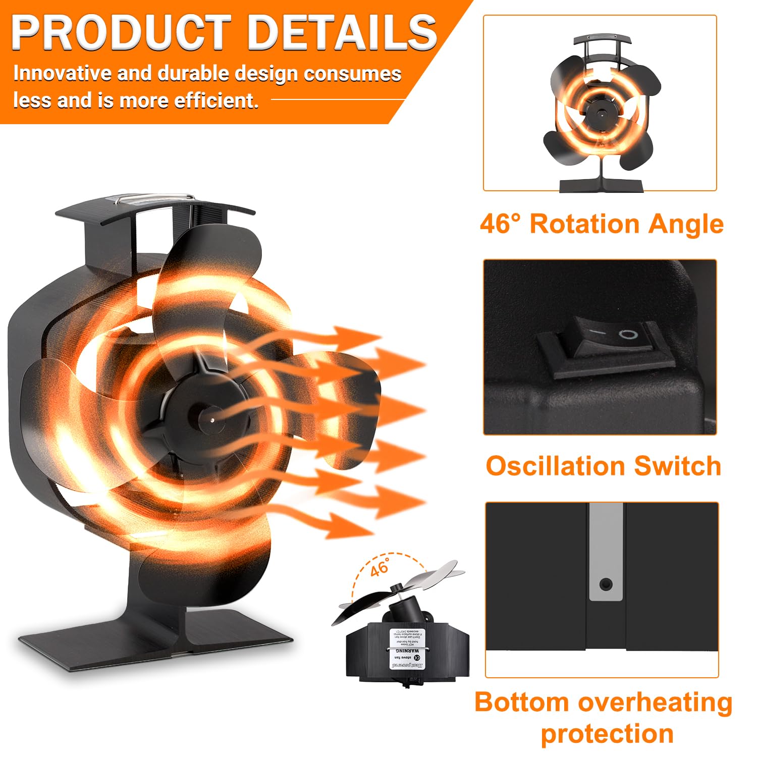 Ventilatore Per Stufa a Legna, Ventilatore oscillante per camino, Ventola Stufa Legna con 4 Pale, Ventola da Caminod Silenzioso Alimentato Calore, Efficiente Ventilatore per stufa