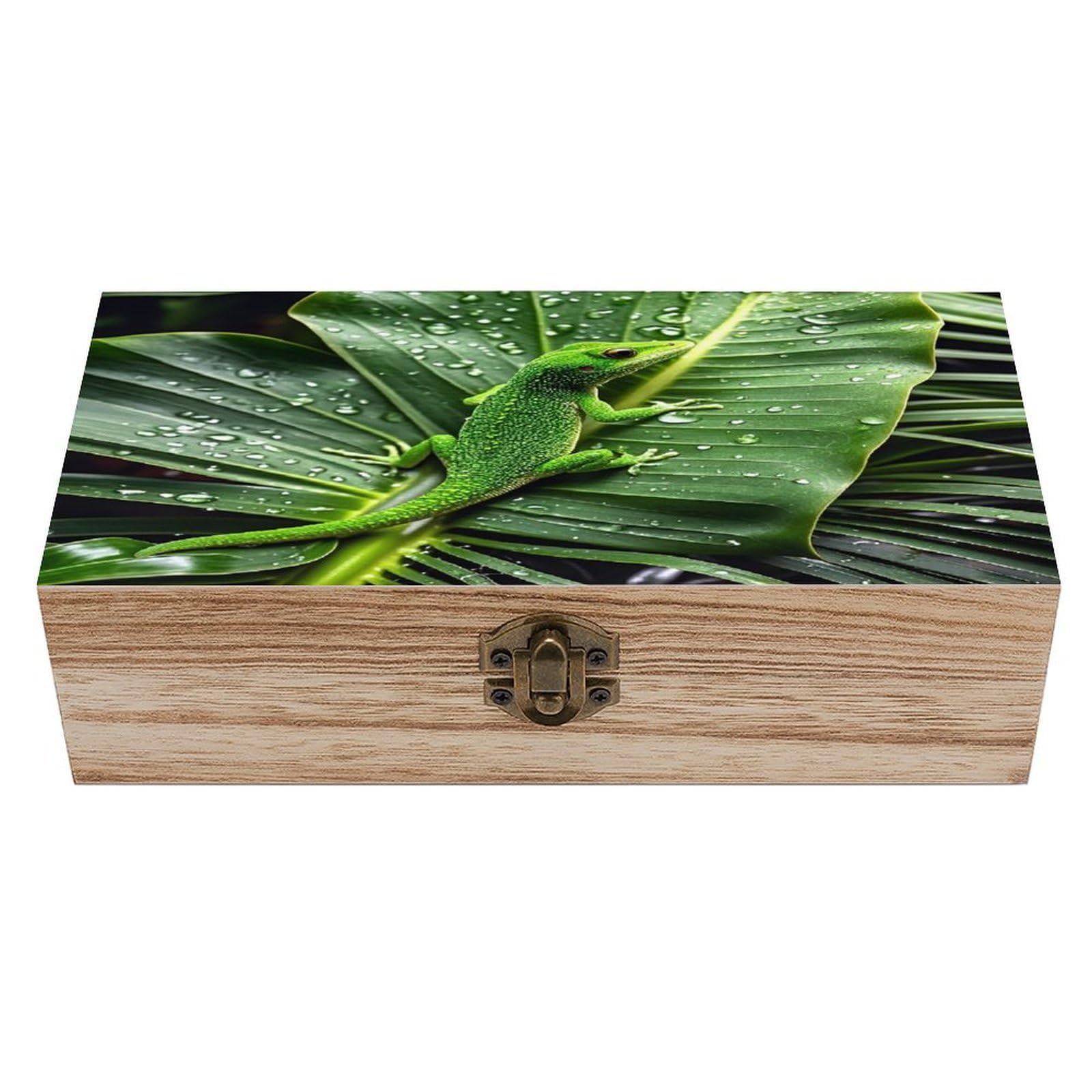 FekiLoot Gecko And Tropical Leaves Wooden Storage Box Exquisite Wood Keepsake Box Vintage Wooden Gift Jewelry Case for Crafts And Photo Storage Boxes