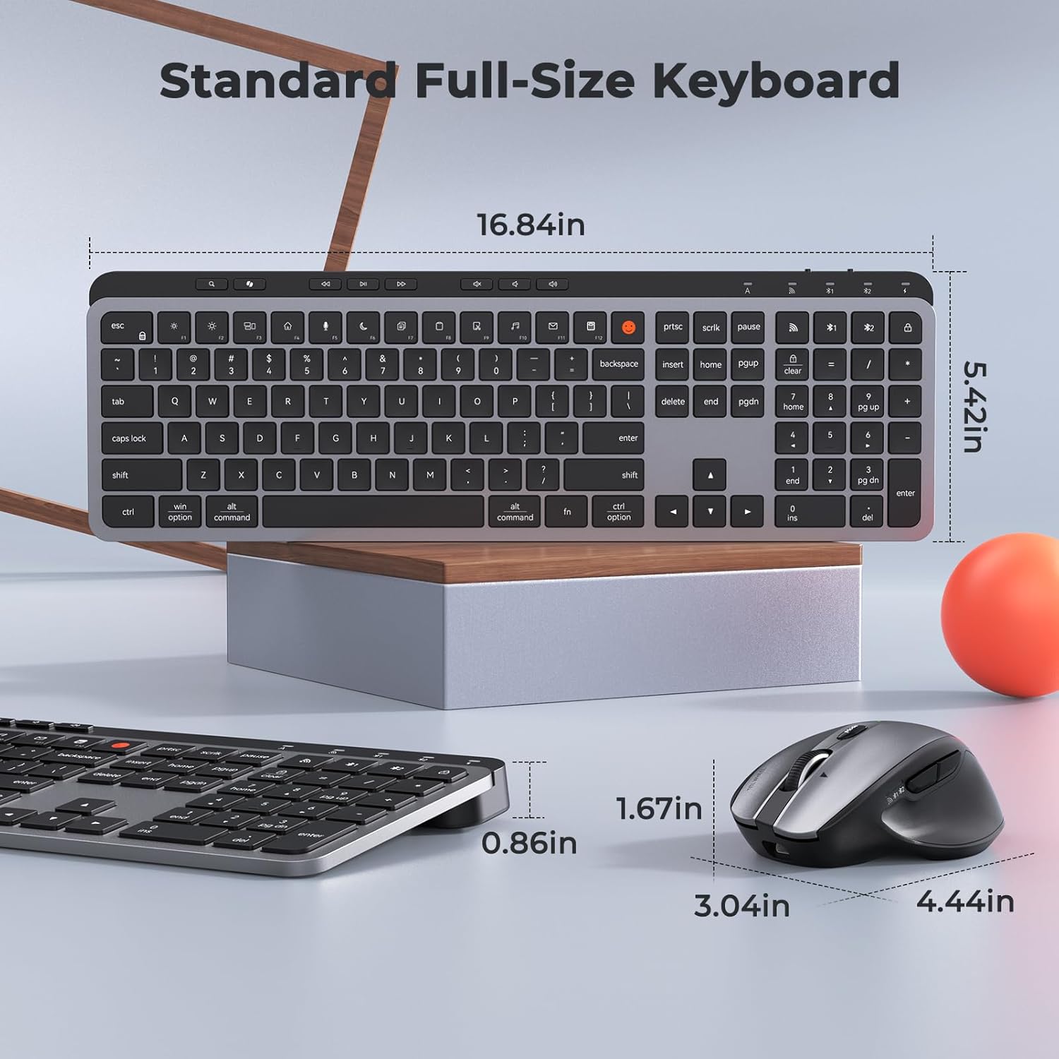 MEETION New Wireless Bluetooth Keyboard and Mouse, Dual Bluetooth and USB Full Size Rechargeable Keyboard with 4 DPI Ergonomic Mouse for Laptop/PC/Computer/iPad, Mac/Windows, C9990 Black Gray
