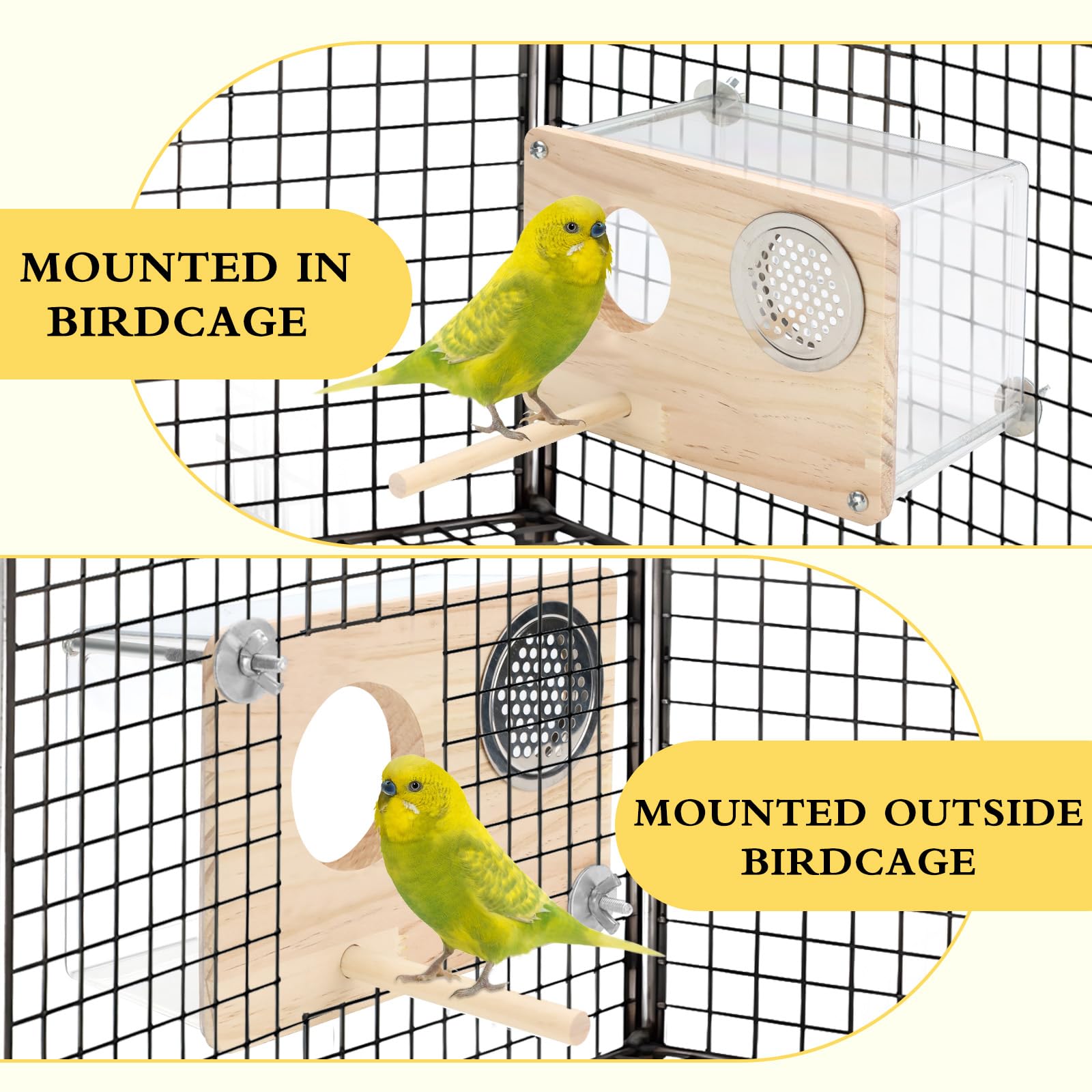 Nichoir pour cage à perruches en PET hautement transparent - Nichoir polyvalent pour canaris, inséparables et perroquets - Avec perchoir en bois - Accessoires de cage à oiseaux (taille S)