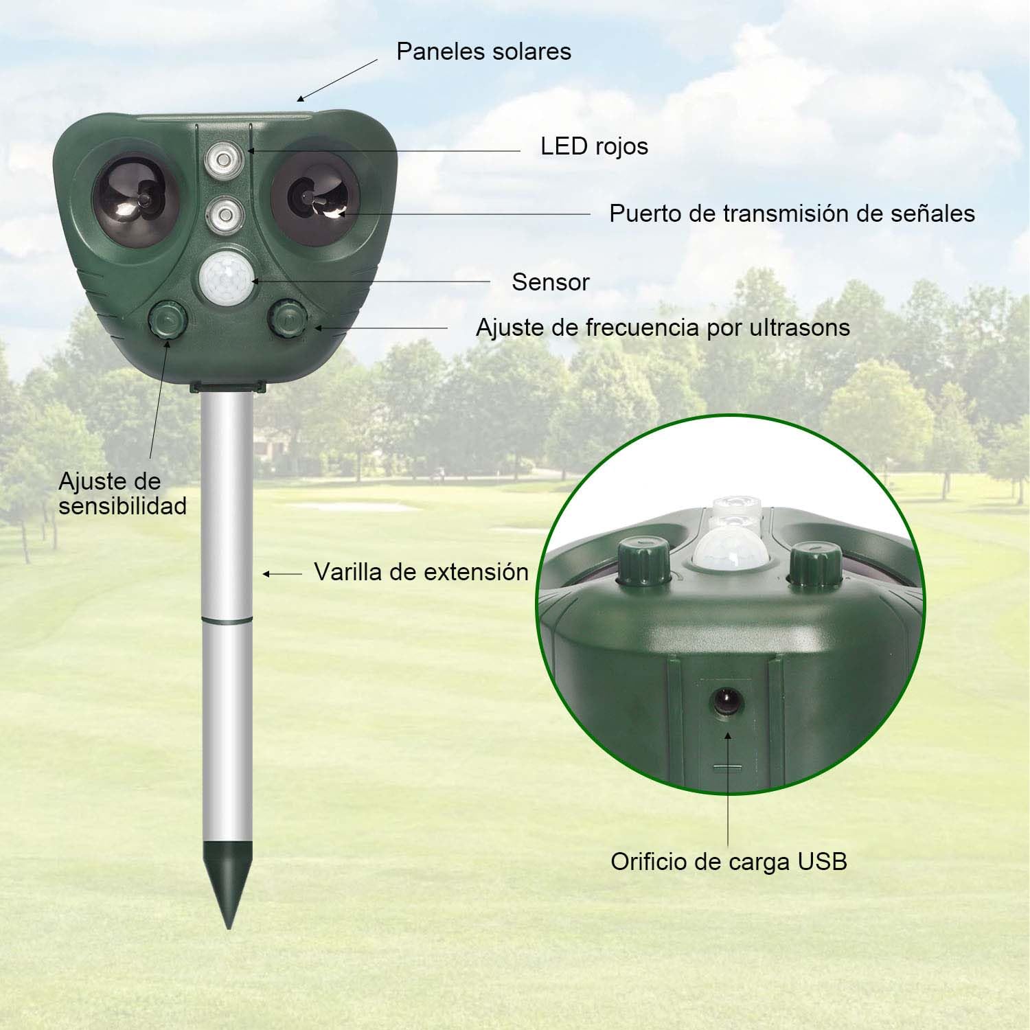 Repulsif Ultrason Chat, Repulsif Chat Exterieur Ultrason Etanche IP66, Rechargeable par énergie Solaire/USB, Empêche Les Chats, Les Chiens, Les Oiseaux, pour Le Jardin, Le Terrain...