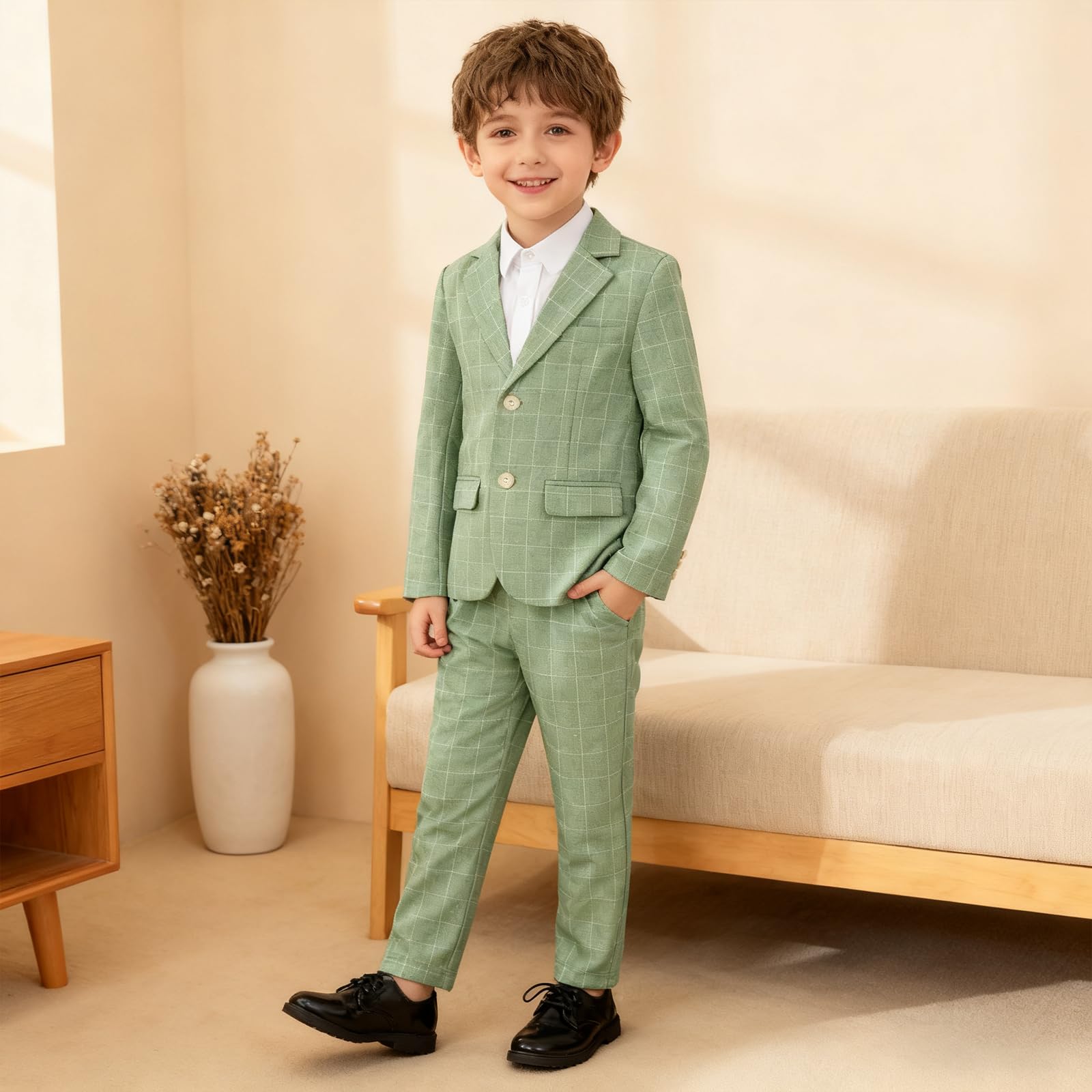 LOLANTA 3-teiliges Jungen Plaid Anzug Set, Eleganter Blazer für Hochzeits-Abschlussball, Formelle Kleidung Jacken-Hose-Fliege Set