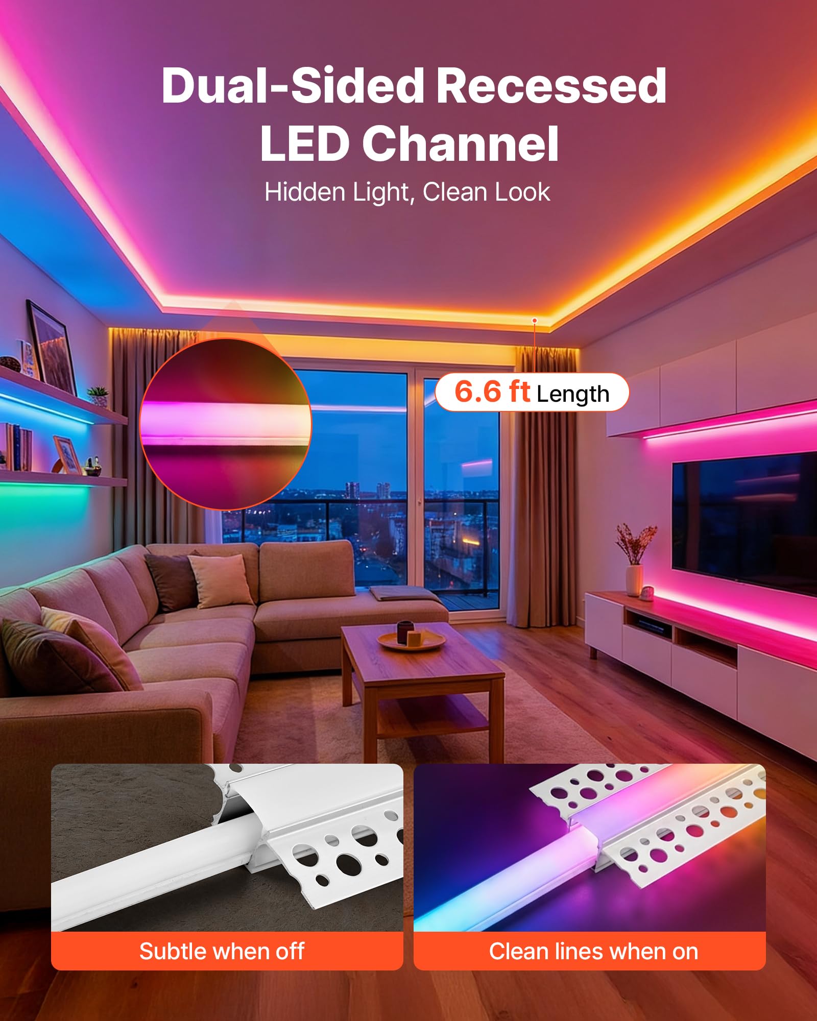 VEVOR Set di Profili per Strisce LED in Alluminio 10 pezzi da Incasso Lunghezza 2 m, Confezione 10 Canali per Luci LED per Cartongesso Illuminazione da Parete Soffitto con Diffusore Bianco