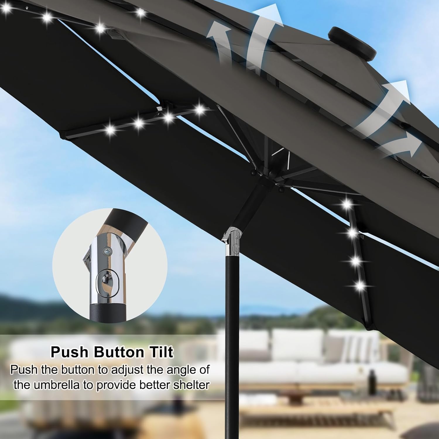 Close-up of the push button tilt mechanism on the umbrella pole