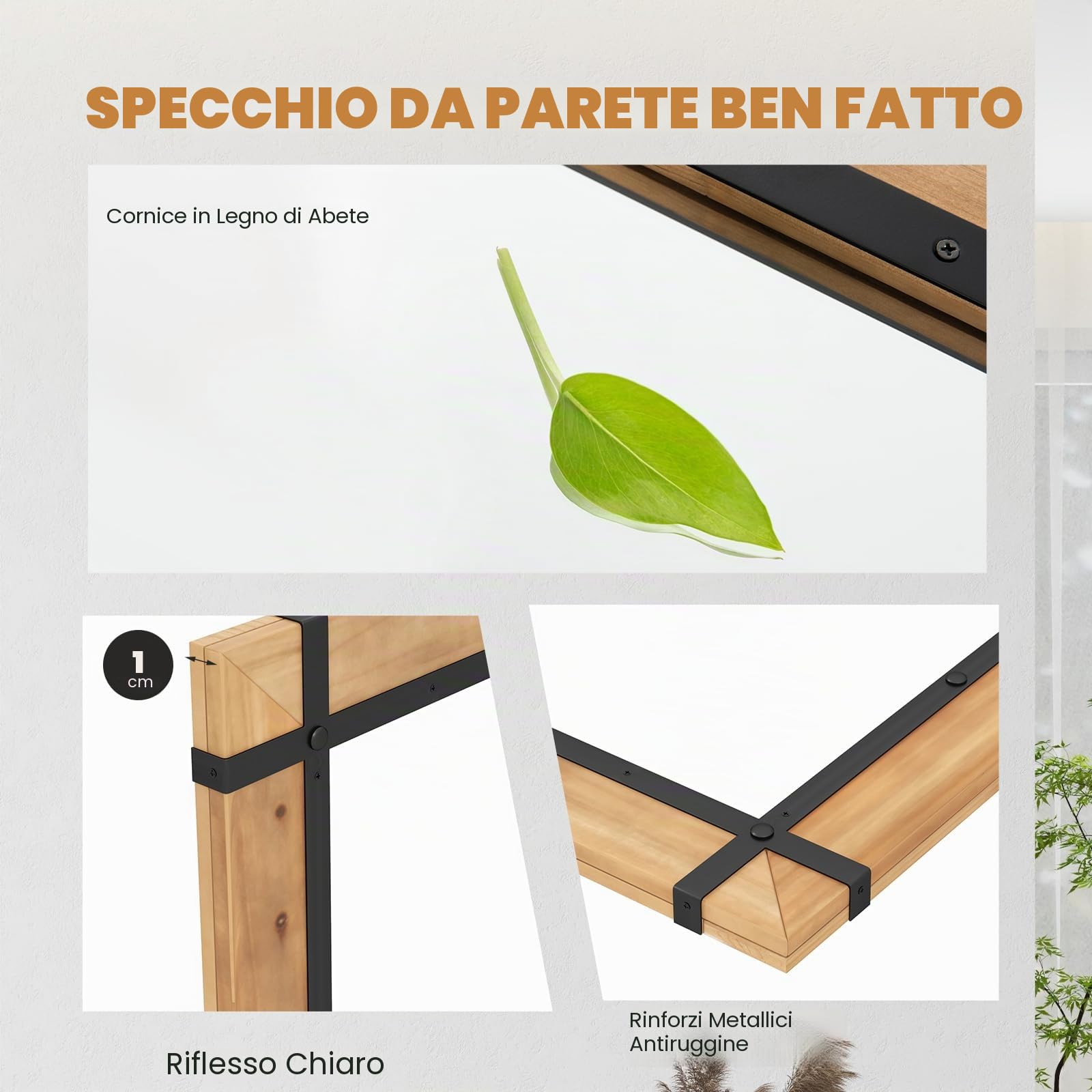 LIFEZEAL Specchio decorativo da parete 77 x 100 cm, specchio rettangolare con cornice in metallo e legno di abete, specchio da parete in stile rustico, per camera da letto, bagno, soggiorno,