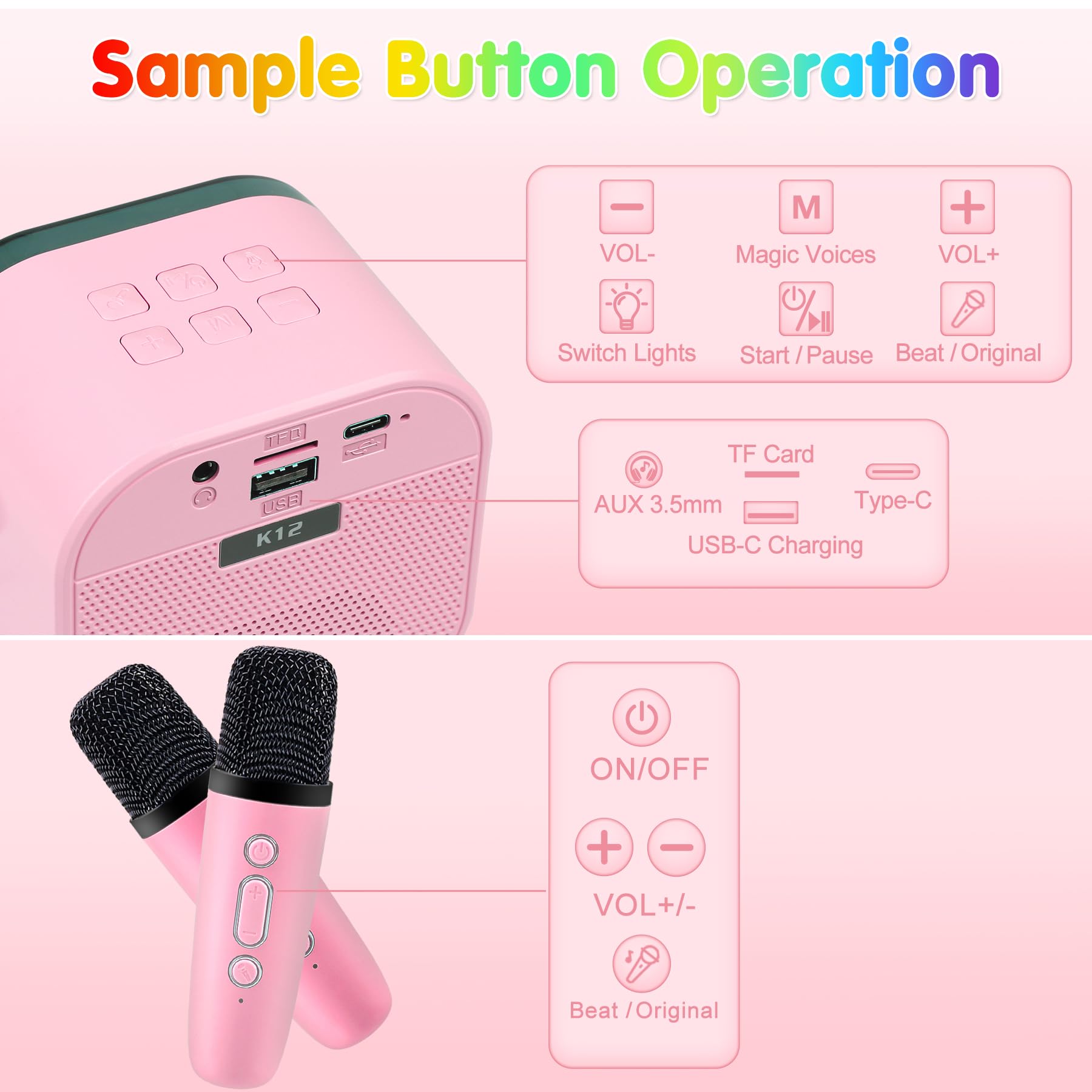 Kinglucky Wireless Bluetooth Karaoke Microphone | 2-in-1 Portable Mic Speaker For Kids Ages 3-12 | Pink