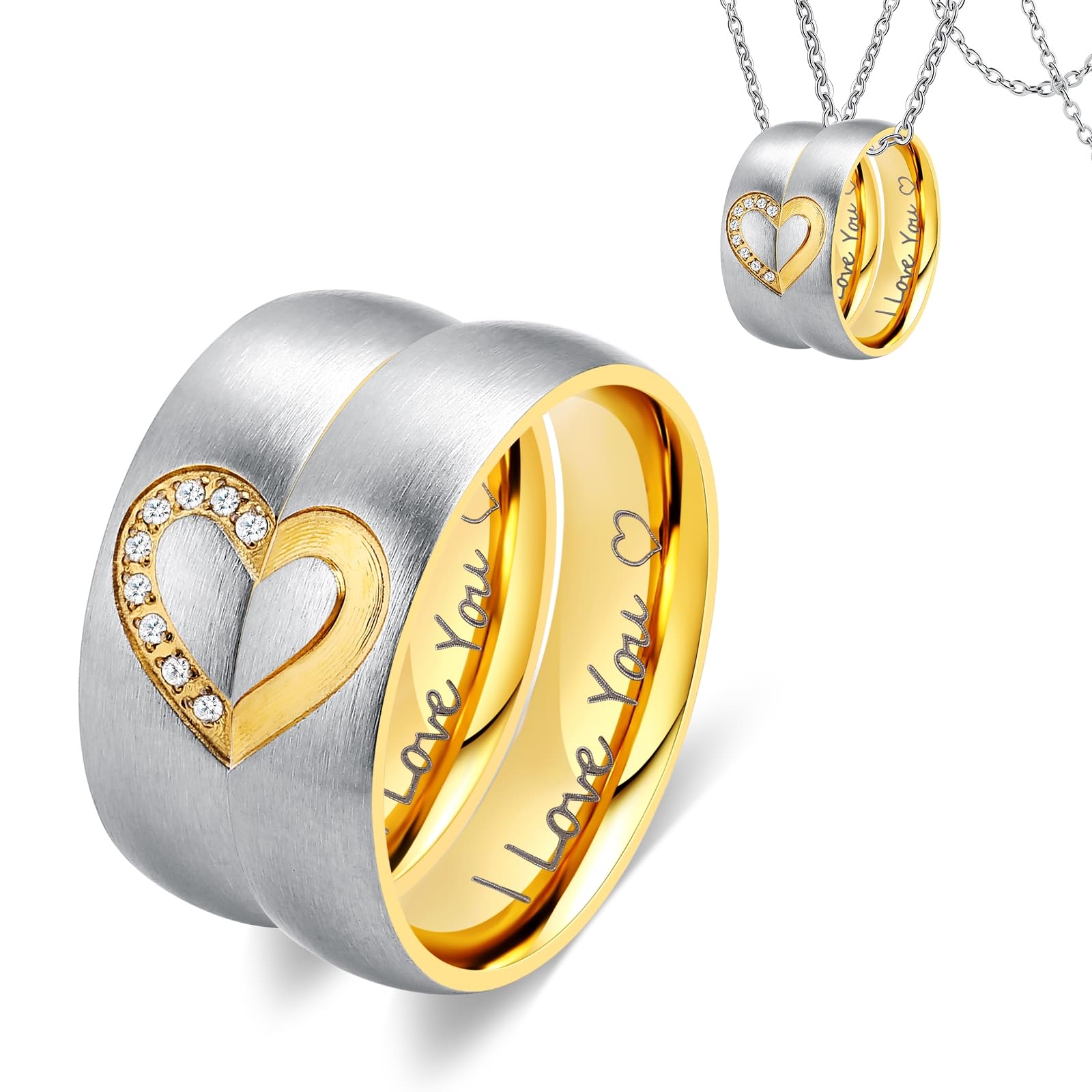 WycianWycian Trauringe Edelstahl, Eheringe mit Gravur I Love You ♡ Partnerringe 6mm für Sie und Ihn Paar Geschenke with Chain