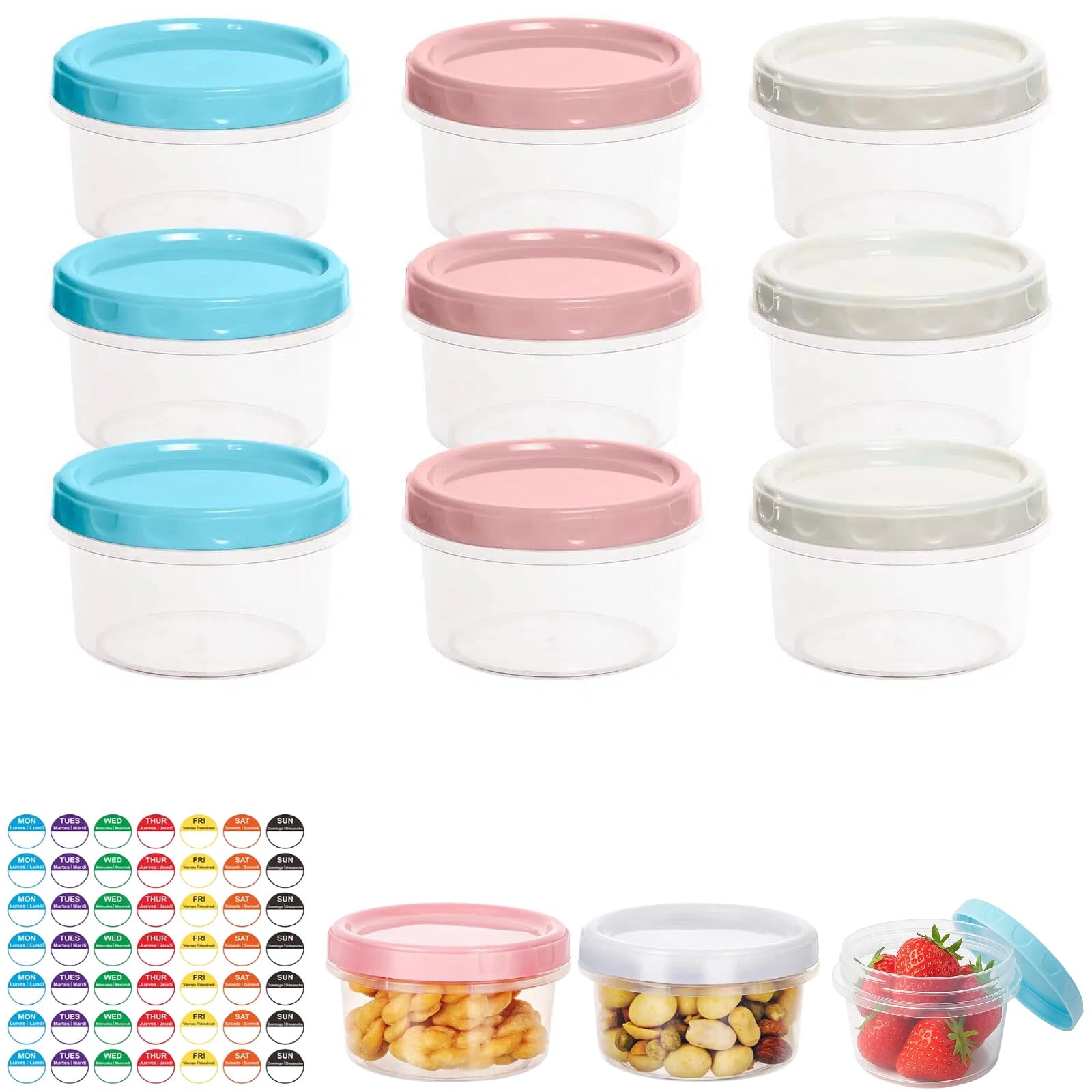 12 Pack Small Food Containers with Lids 250ML, Reusable Small Plastic Tubs with Lids, Leakproof Mini Frozen Food Storage Pot BPA-Free for Sauce, Yogurt, Fruit, Microwave and Freezer Safe (3 Colors)