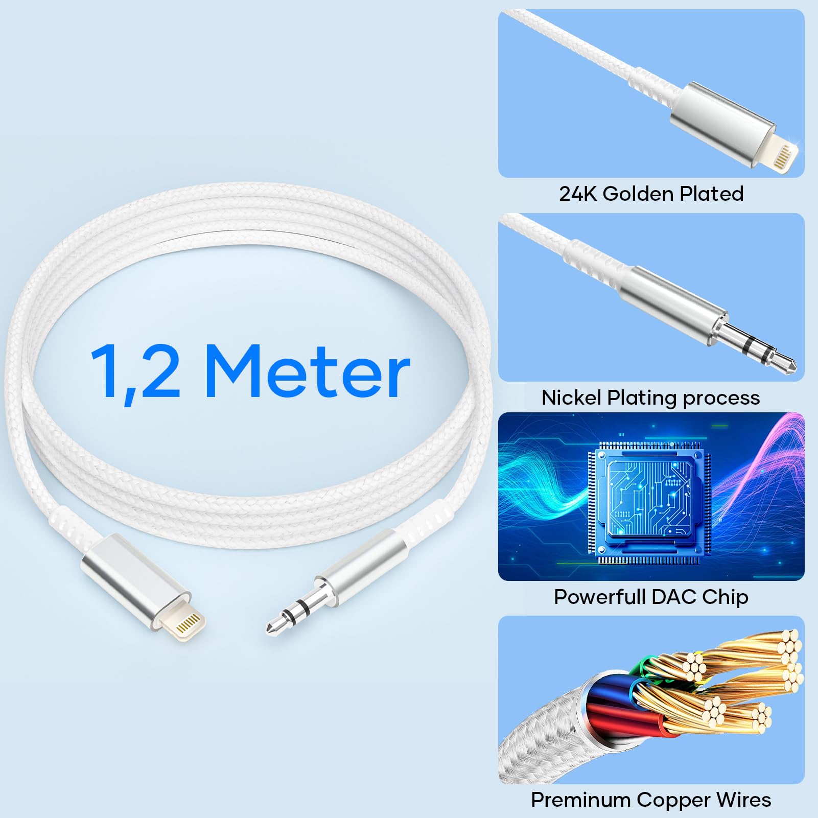 Cable Jack i Phone 1,2M [Certifié MFi] Audio Cable Auxiliaire Voiture i Phone Light-ning Cable Jack 3.5mm Compatible avec iPhone 14/13/12/11/X pour Autoradio/Casque/Enceinte, Argent