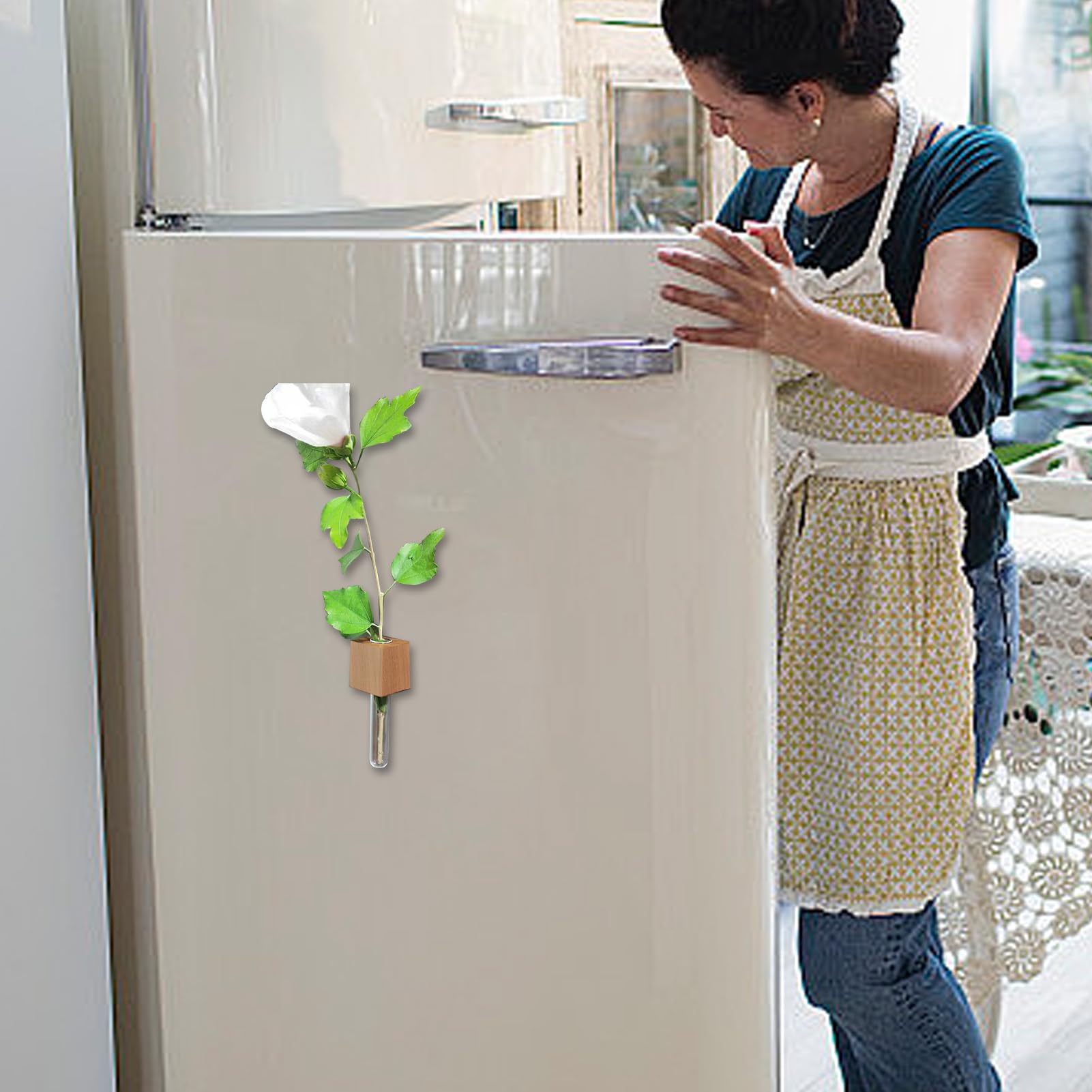 WAYUTO Set 3 Vasi Magnetici Per Frigorifero In Noce E Vetro - Portafiori Idroponici Per Decorazione Cucina