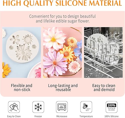Miniatura 3 de KALAIEN Juego de 5 moldes de silicona para fondant de flores, flores de margarita, rosa, crisantemo para chocolate