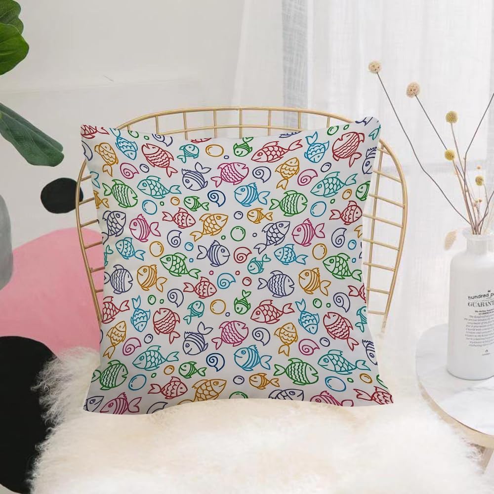 HYOSXW Cushion Cover,Throw Pillow Case Home Decorative for Living Room Bedroom Sofa Chair 16X16 Inch,Hand drawn colorful ocean elements, fish schools,Pillowcase 40X40cm