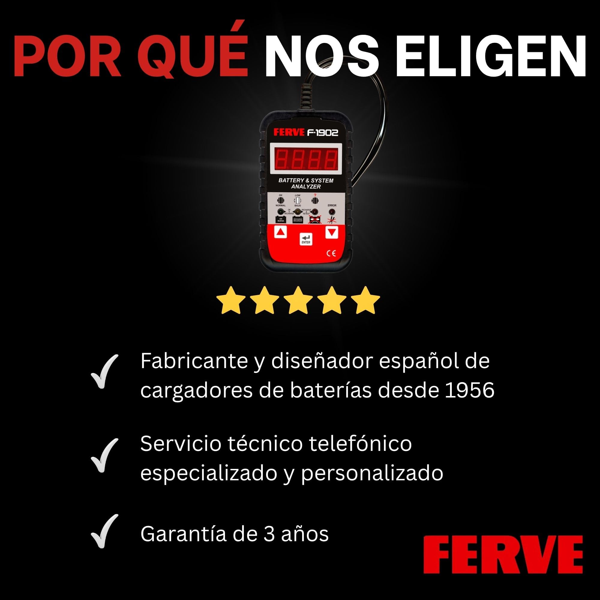 Ferve F-1902 Analizador de Baterías, Alternadores y Motores de Arranque de 12V