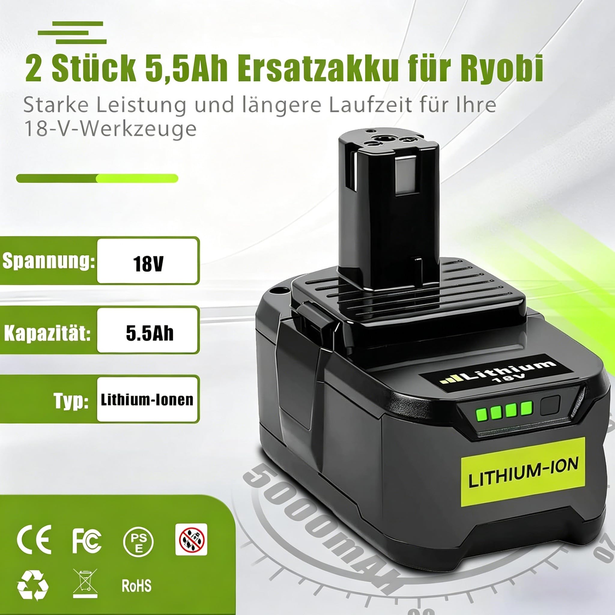 2 Stück 5,5Ah Ersatzakku für Ryobi 18V Akku P108 Li-ion Batterie Kompatibel für Ryobi ONE+ P104 P105 P107 P108 RB18L50 RB18L40 RB18L25 RB18L20 RB18L15 RB18L13 Werkzeugen Akku