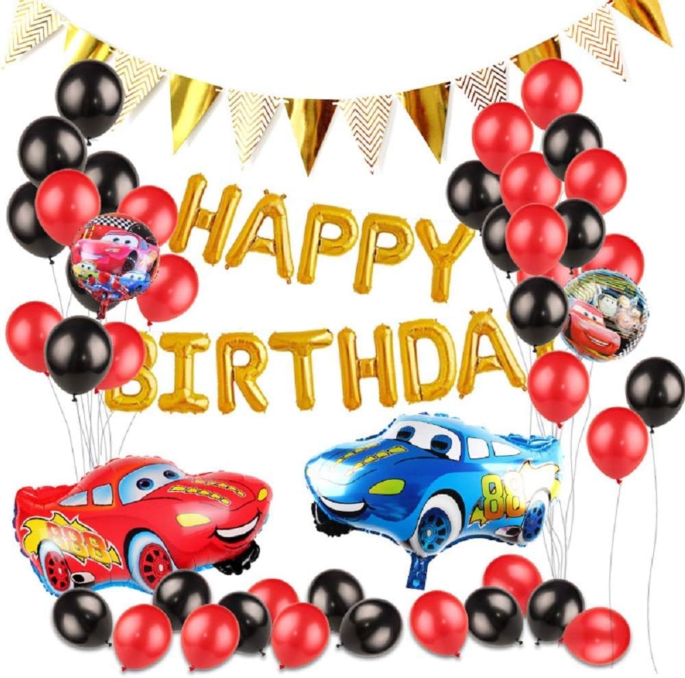 カーズ 誕生日 飾り付け 車 キャラクター ディズニー 男の子 子供 レッド ブラック ゴールド Happy Birthday ガーランド 三角 ガーランド バルーン 風船 46枚セット