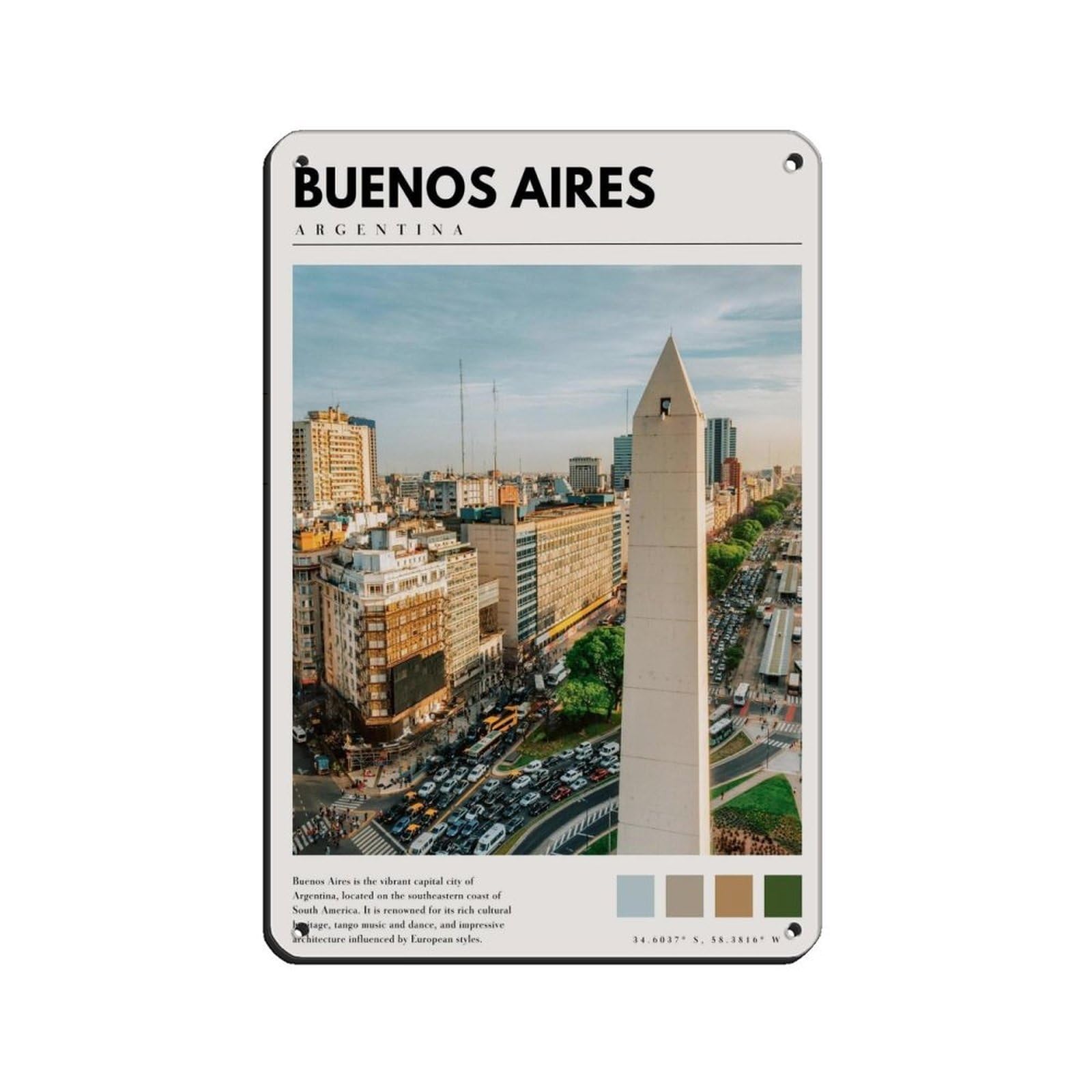 Buenos Aires Argentina Poster Tin Sign Vintage Metal Pub Club Cafe Bar Home Wall Art Decoration Poster Retro 8x12inch(20x30cm)