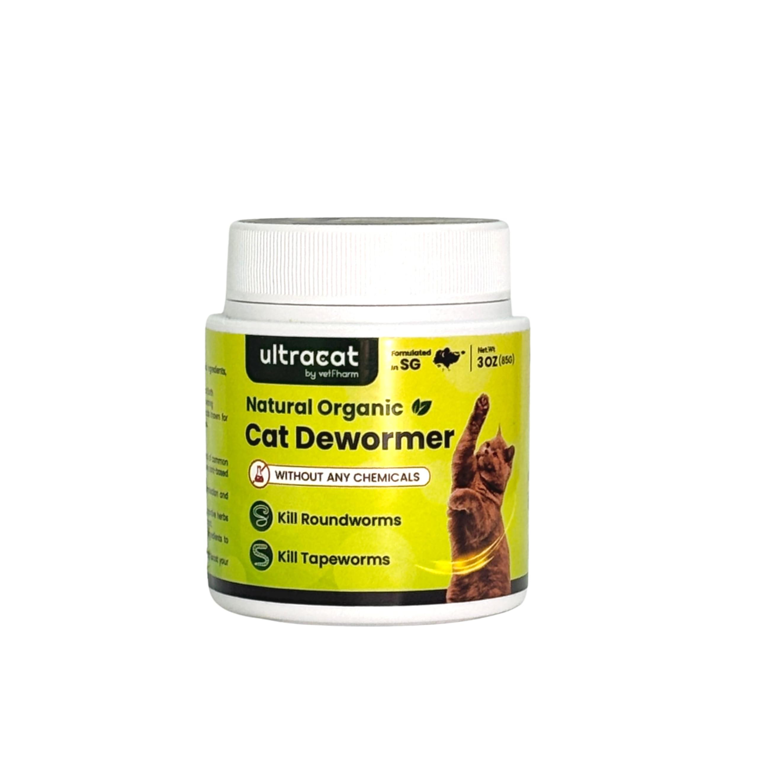UltraCat Organic Dewormer for Cats – 100% Natural Herbal Parasite Cleanse | Gentle on Stomach | Safe Daily Use | Removes Roundworms, Tapeworms, Hookworms | 85g Powder