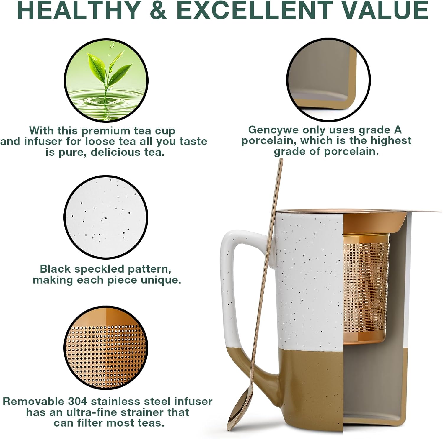 Ceramics Large Tea Cup with Loose Leaf Infuser, Spoon and Lid, 16 oz Tall Coffee Mug, Microwave and Dishwasher Safe, Rustic Matte Ceramic Glaze, Tea Strainer, Amber - Image 5