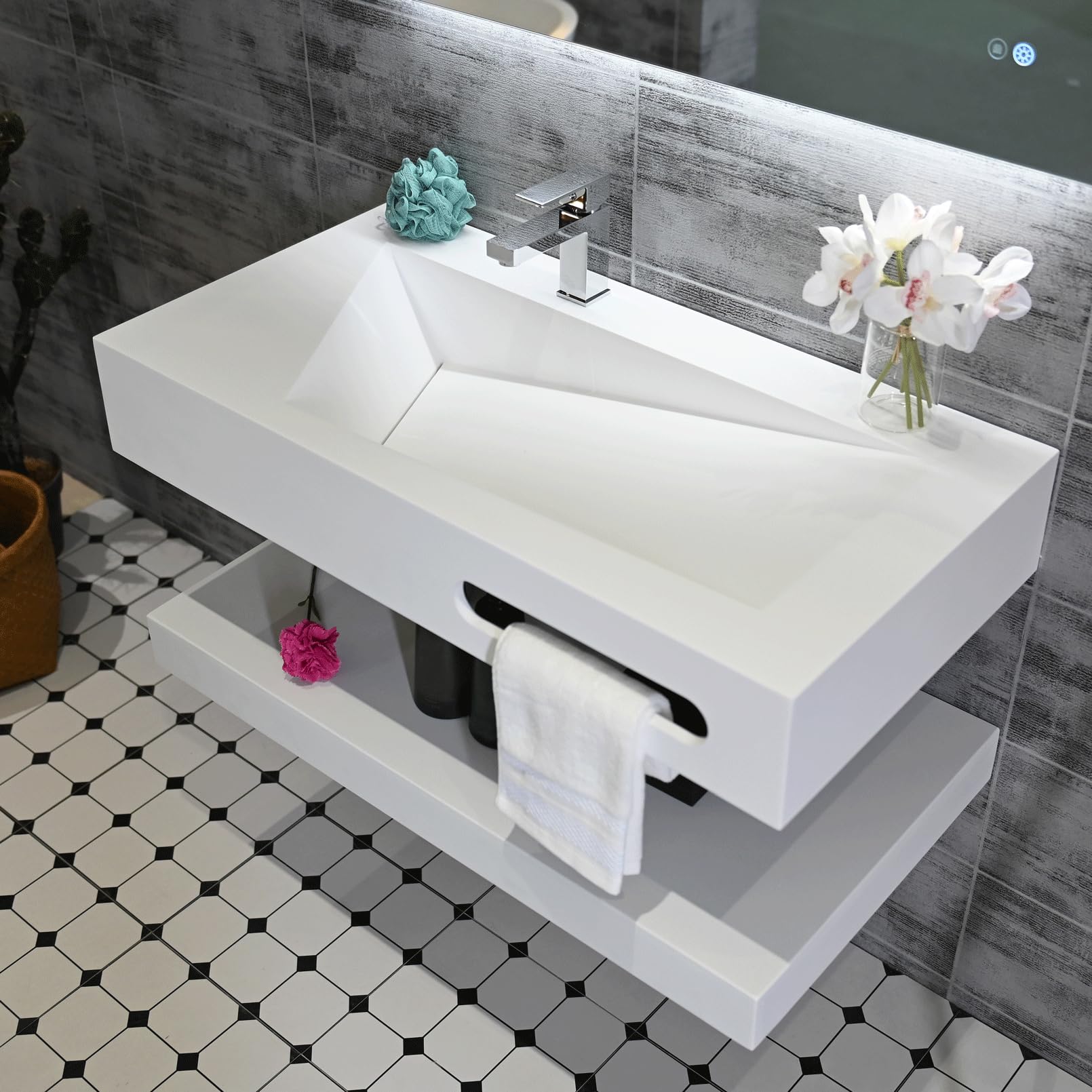 Photo 1 of GESIPOR 40"x19" Wall Mount Bathroom Vanity with Sink Stone Resin Floating Vanity Sink Rectangular Vessel Sinks for Bathroom White Trough Art Basin with Shelf Layer