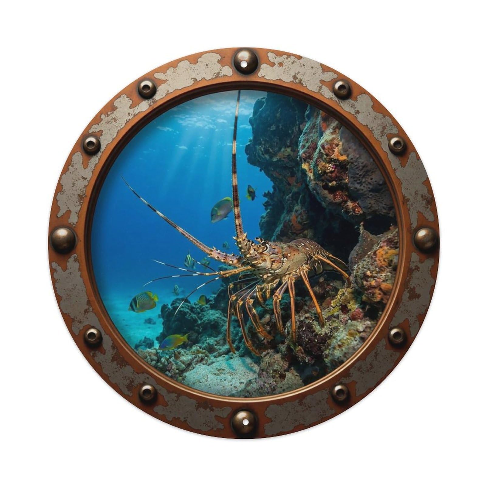 Gead 8X8inch Style Vintage Porthole Reef Lobster Nautical Window View Metal Tin Sign