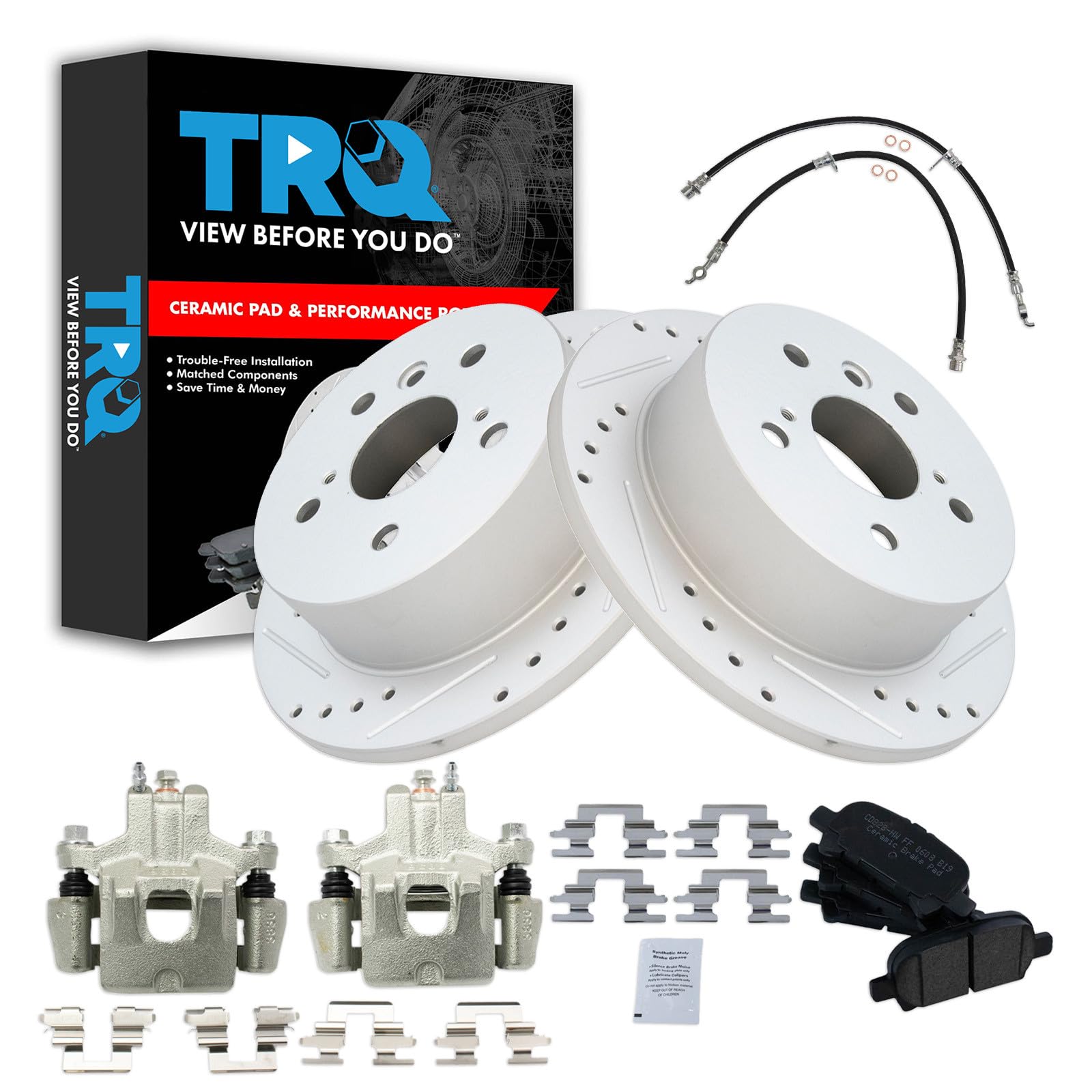 TRQ Performance Rear Brake Pad and Rotor Set Ceramic Slotted Drilled Calipers Compatible with 2006-2007 Toyota Avalon 2006-2008 Solara