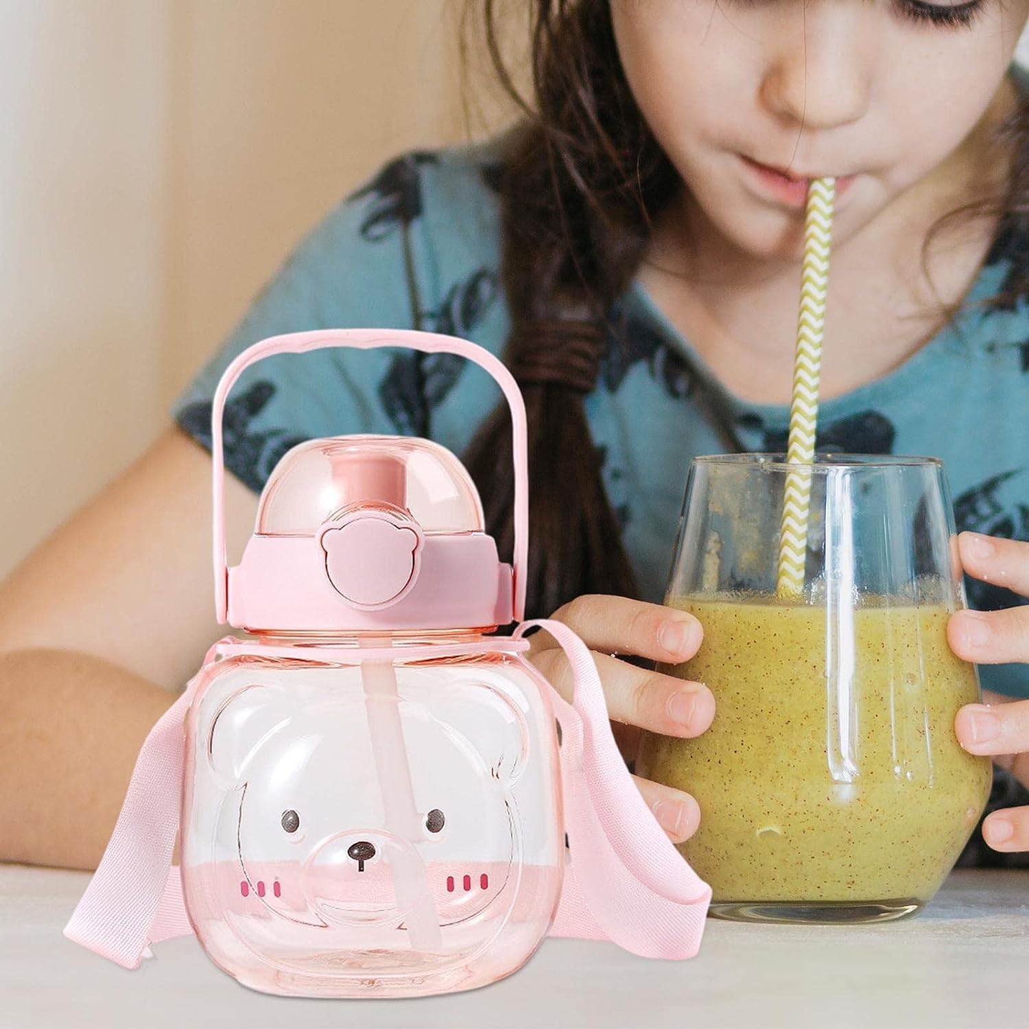 CherryBox Cute Teddy Bear Shape Straw Water Bottle with Handle and Carry Strap for Kids 900 ML (Pink) 3
