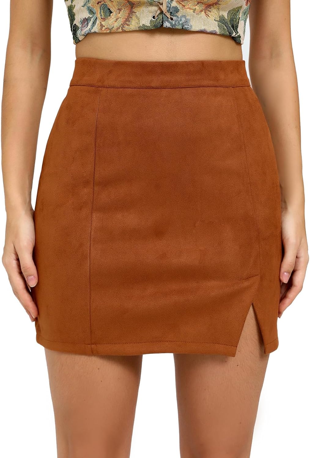 Aeghmry Women's Basic High Waist Faux Suede Side Split Bodycon Mini Pencil Skirt