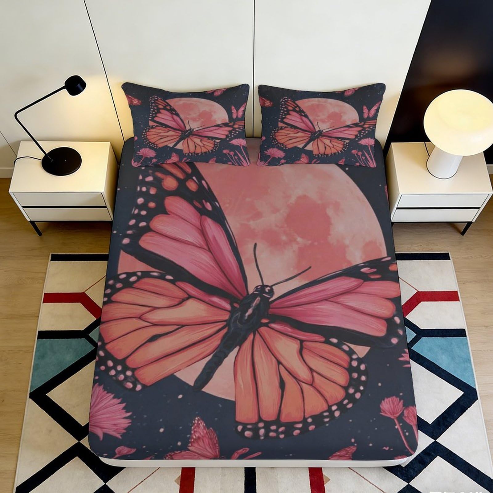 3D Printed Butterfly Fitted Sheet Microfiber Soft Pink Monarch Bed Cover for Bedroom Decor Mattress Protection 90x200x25cm