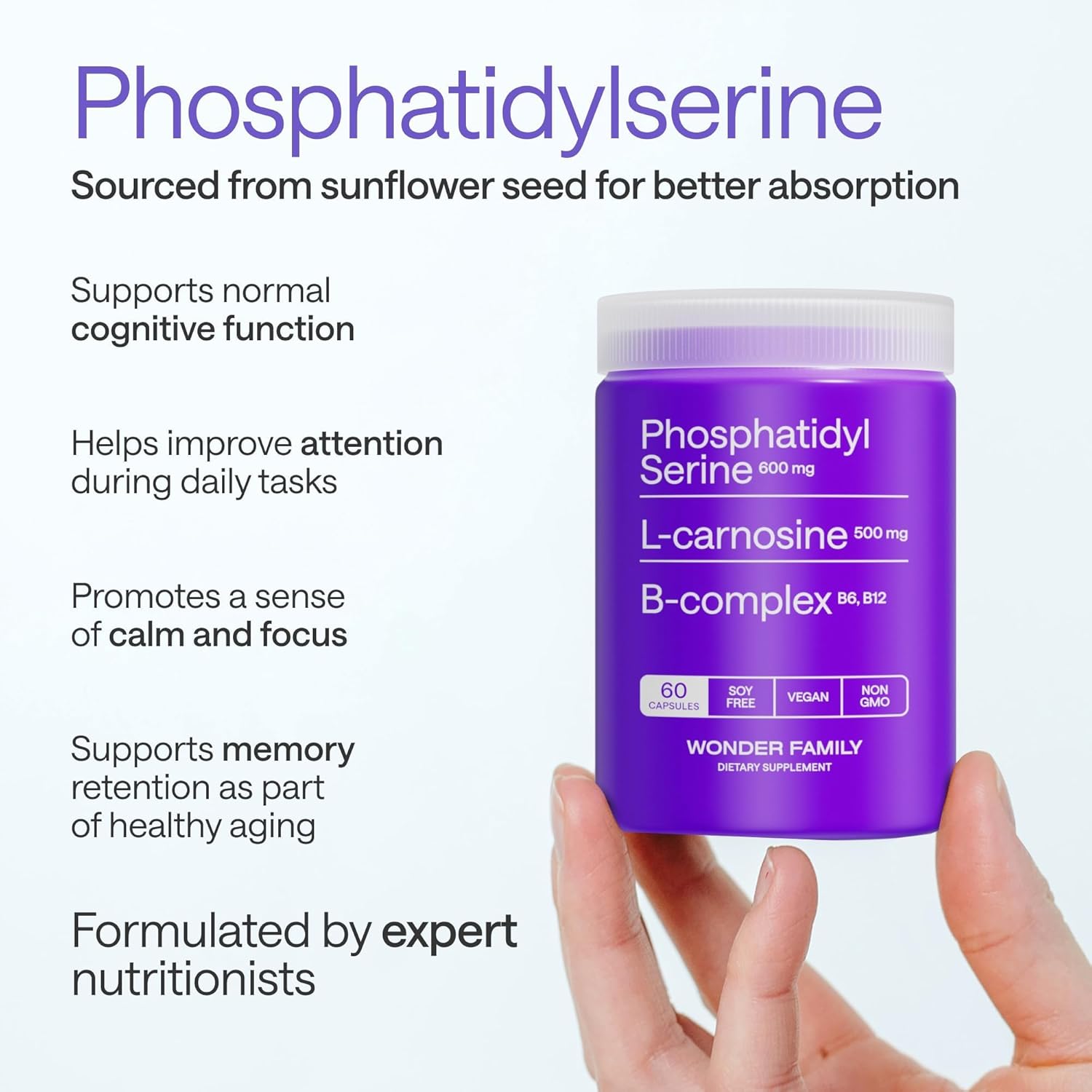 Phosphatidylserine 600 mg Brain Supplement for Memory and Focus – Calm Focus & Advanced Brain Support with L-Carnosine 500 mg + B6 B12 Folate – Sunflower Soy Free – 120 Capsules 2 Pack