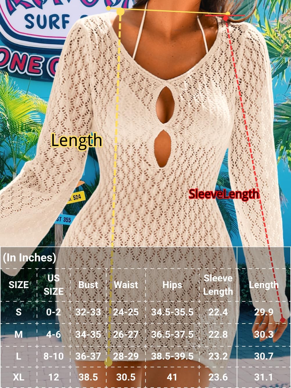 Women's Summer Crochet Swimsuit Cover-up, Boho Long Bell Sleeve Mini Dress, for Beach Vacation - Image 5