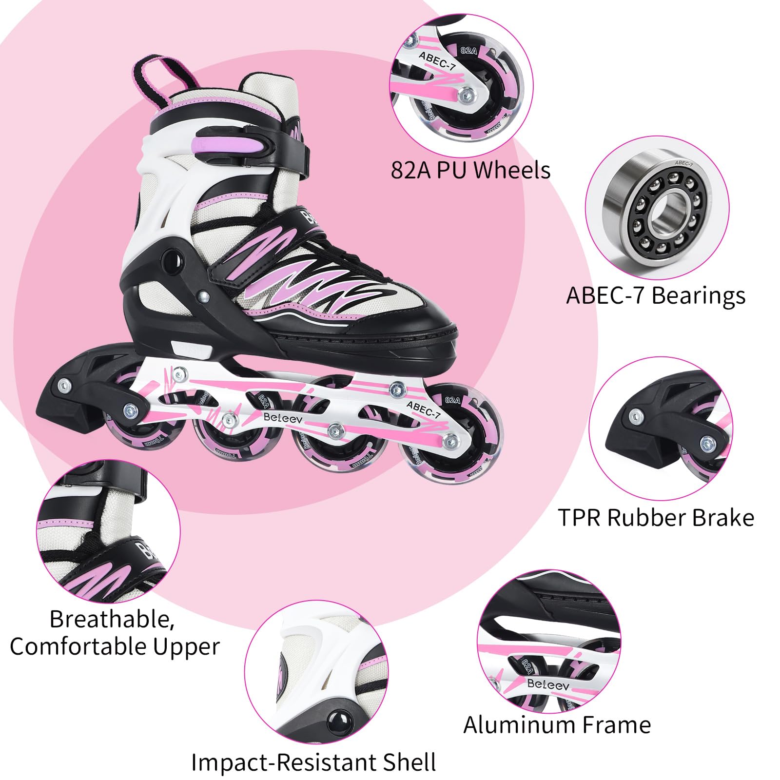 Patins à Roulettes Ajustables BELEEV Enfants - 4 Tailles, Roues LED Lumineuses, Frein Avant, Jusqu'à 60 Kg, Violet