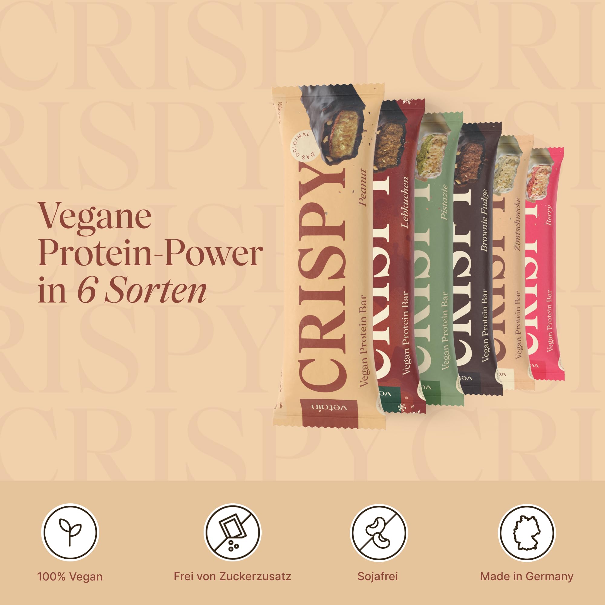VETAIN Vegan Proteinriegel - Crispy Peanut - 12g Eiweiß pro Riegel - Mit Mönchsfrucht gesüßt - 100% natürliche Zutaten - Ohne Palmöl - Frei von Sucralose & Maltit - 12 x 55g