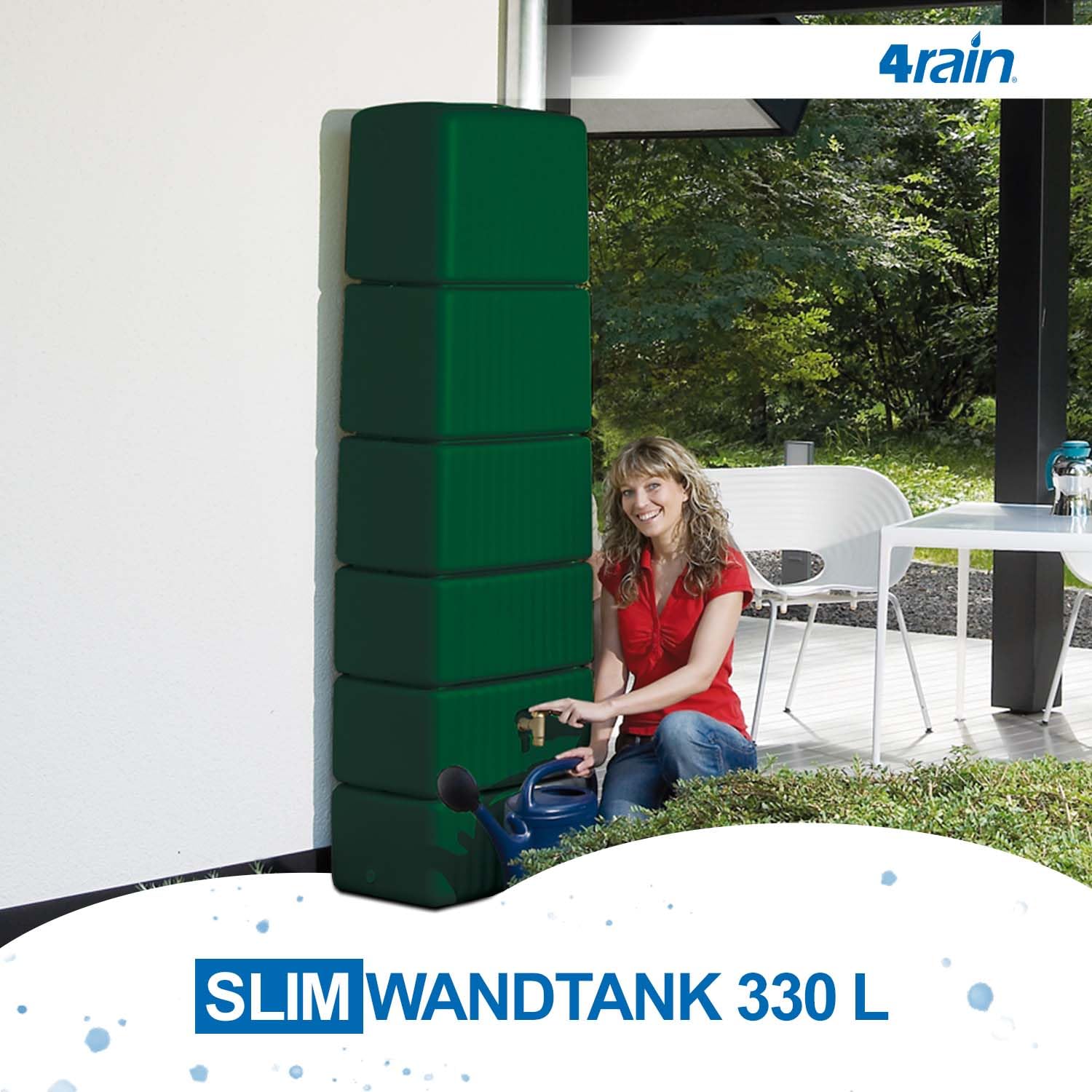4rain Slim Regentonne Wandtank 330 Liter dunkelgrün - platzsparend für Gartenbewässerung - mit Auslaufhahn und Deckelöffnung zur Entnahme - aus Recyclingkunststoff mit starkem UV-Schutz im Freien