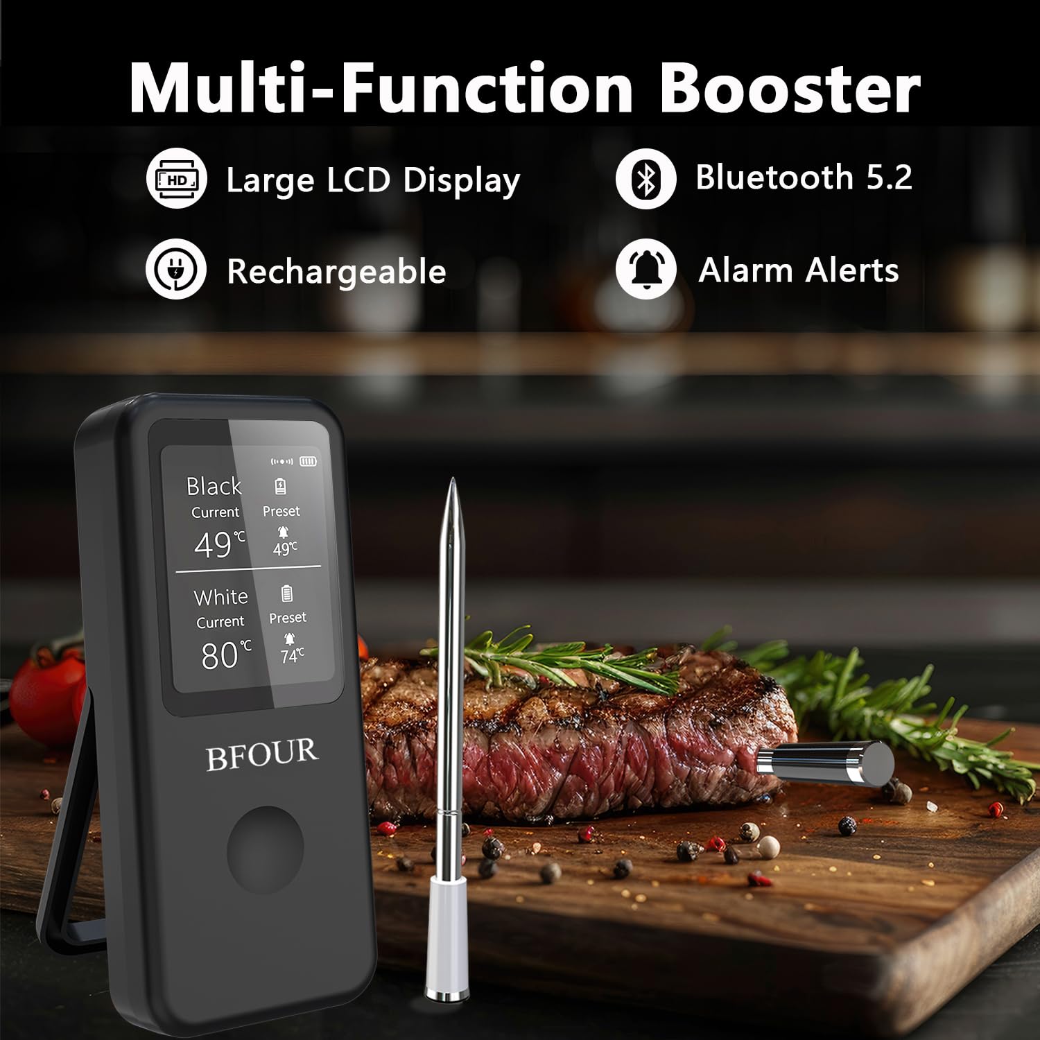 BFOUR Termómetro inalámbrico para carne con 2 sondas, termómetro de asado Bluetooth digital inalámbrico para asar, horno de barbacoa, control de aplicación, precisión ± 0,5 ℃, termómetro impermeable