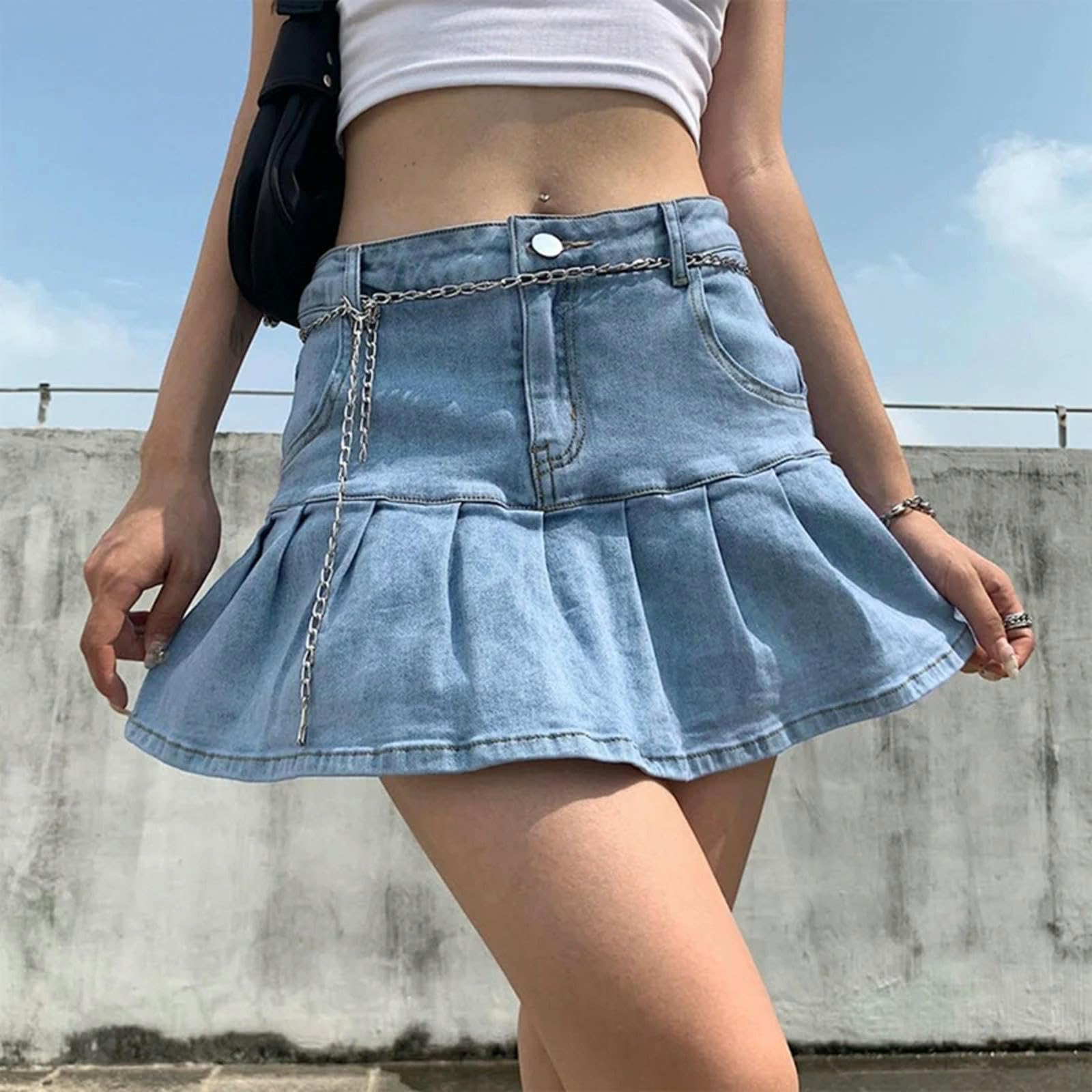 Jupe Patineuse en Jean plissée Taille Haute pour Femmes, à Volants, Harajuku, Lolita, Slim, Swing, Streetwear, PK-MS