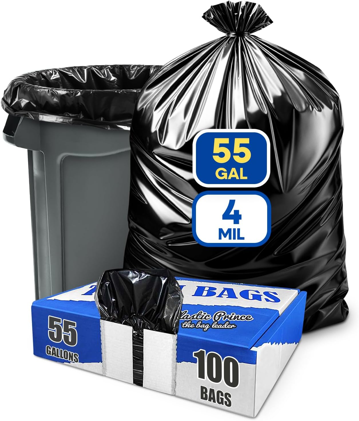 55 Gallon Trash Bags 37" x 50" Black Garbage for Heavy Industrial Use Contractor Bags 4 Mil, Black 100/Case