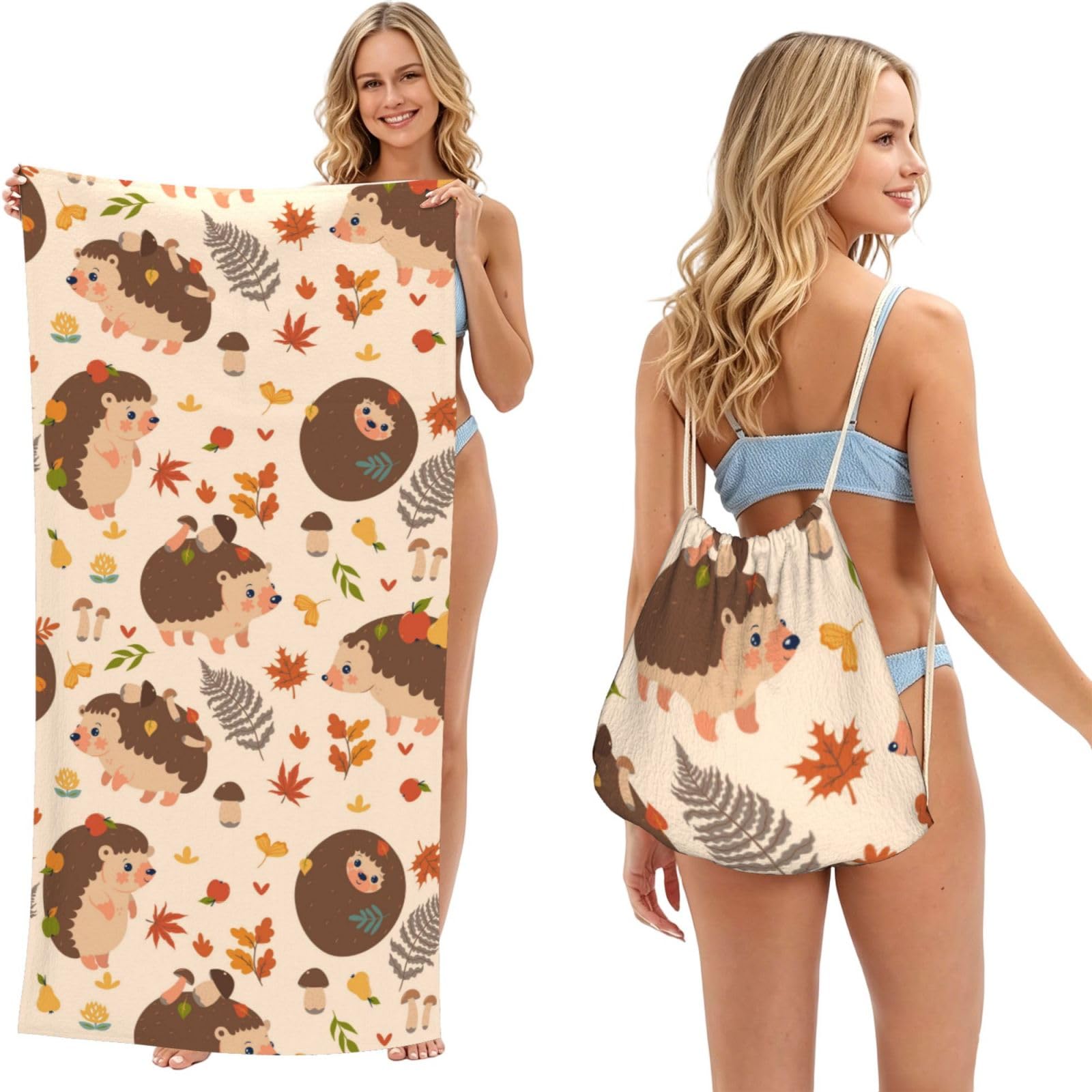 Poadnly As Picture Cute Hedgehog And Mushroom, 2 In 1 Packable Towel Bag, Beach Towels With Drawstring Backpack For Travel Holiday Camping