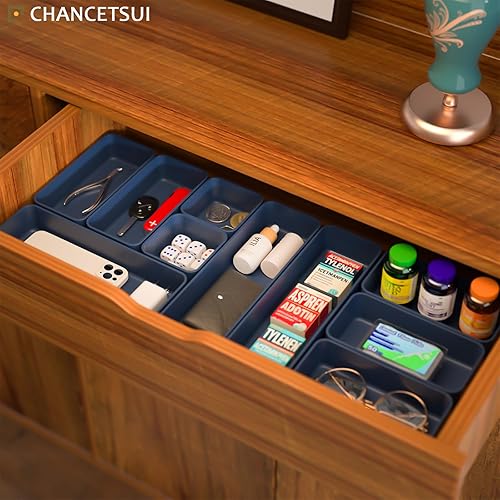 Miniatura 8 de Juego de 9 bandejas apilables para cajones, bandejas de almacenamiento apilables multifuncionales para tocador, baño, cocina, organizador de cajones