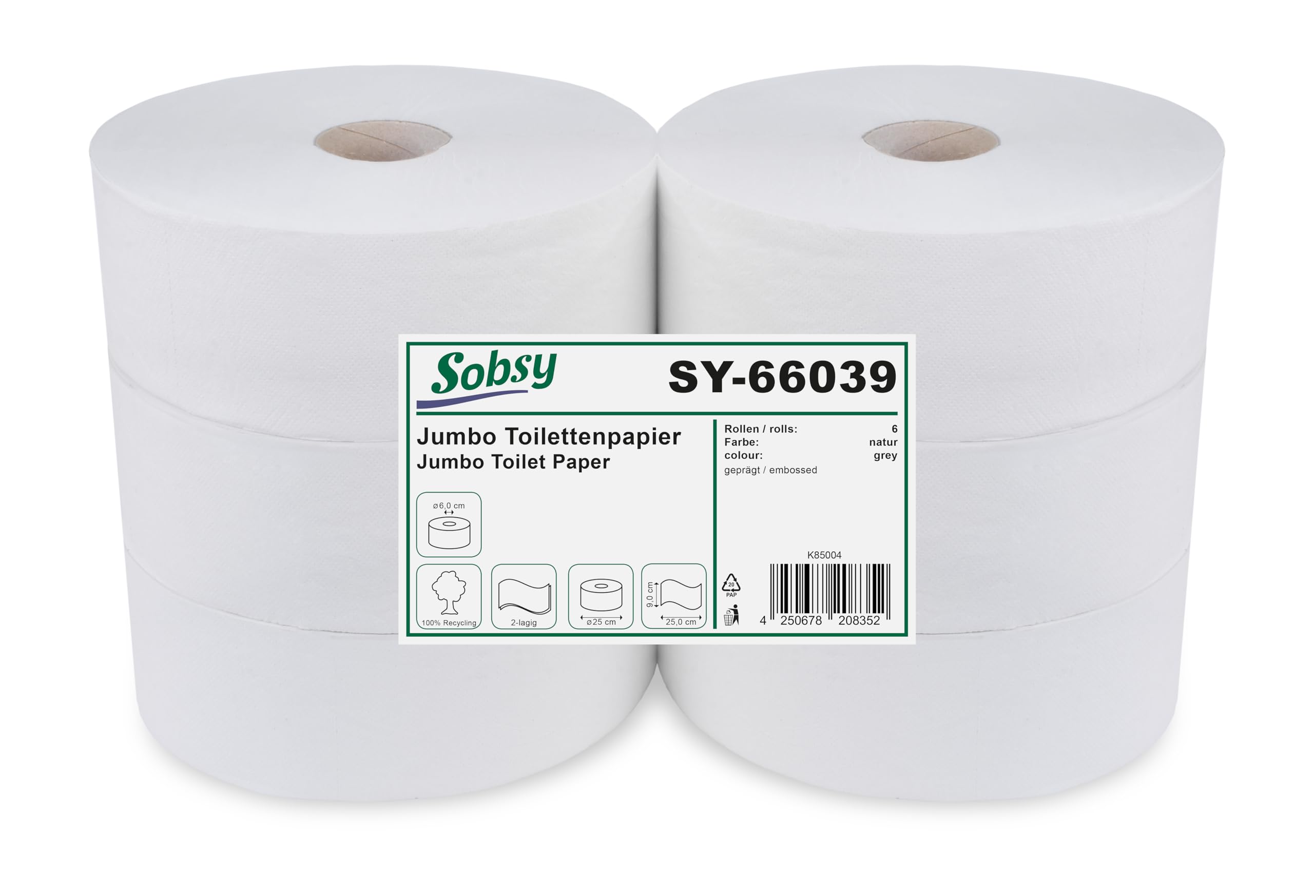 Jumbo-Toilettenpapier 2-lg Rec. Natur, 6 cm Kern, 25 Cm