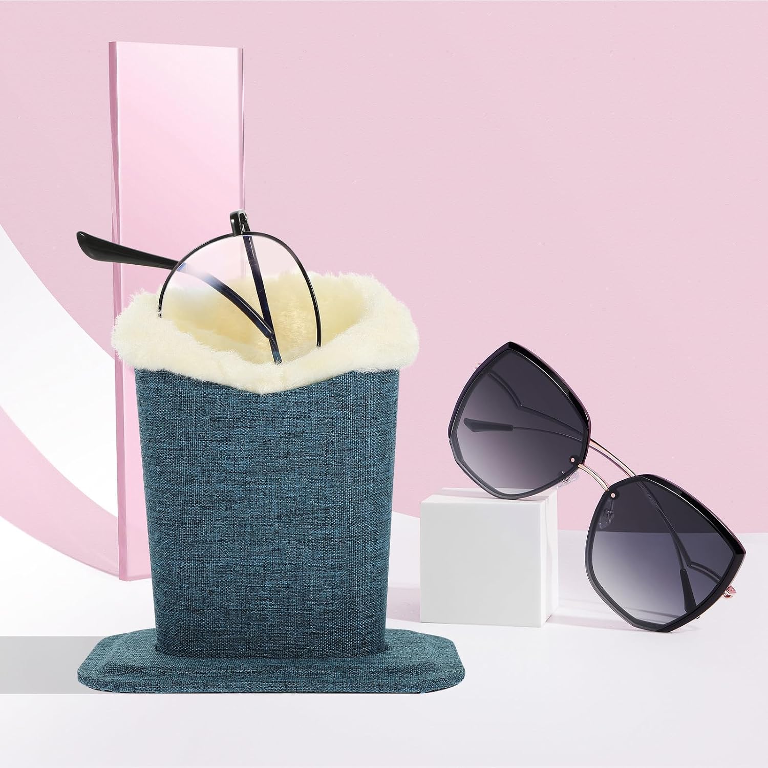 Uonlytech Linen Fabric Glasses Holder Sunglasses Plush Stand Eyeglass Base Navy Blue Convenient Eyewear Organizer for Desk and Nightstand