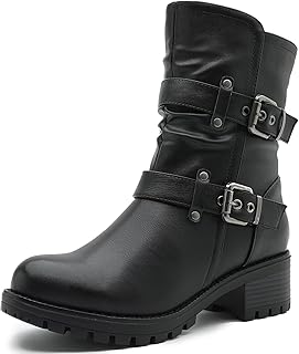 GLOBALWIN Women's Biker Boots, Black, GW-W21YY13, Ankle Boots, Bootie, Zip Closure, Block Heel, All-Day
