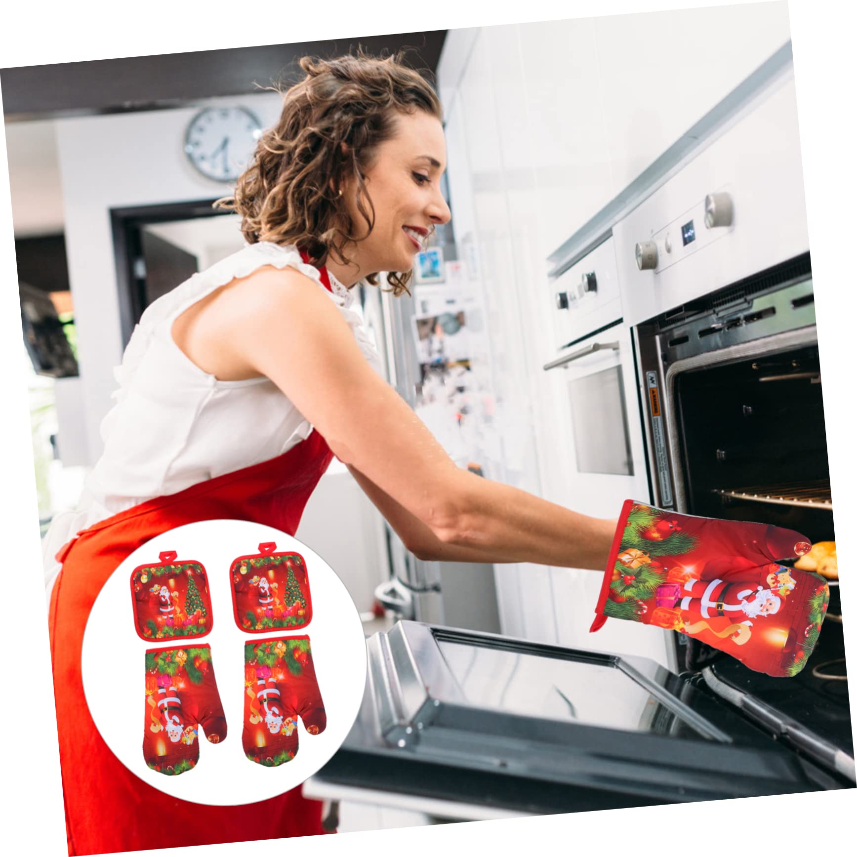 ULTECHNOVO 4stücke Hitzebeständiger Ofenhandschuh Küchenhandschuh Topflappen Hitzebeständiges Kissen Weihnachtshandschuh Rot