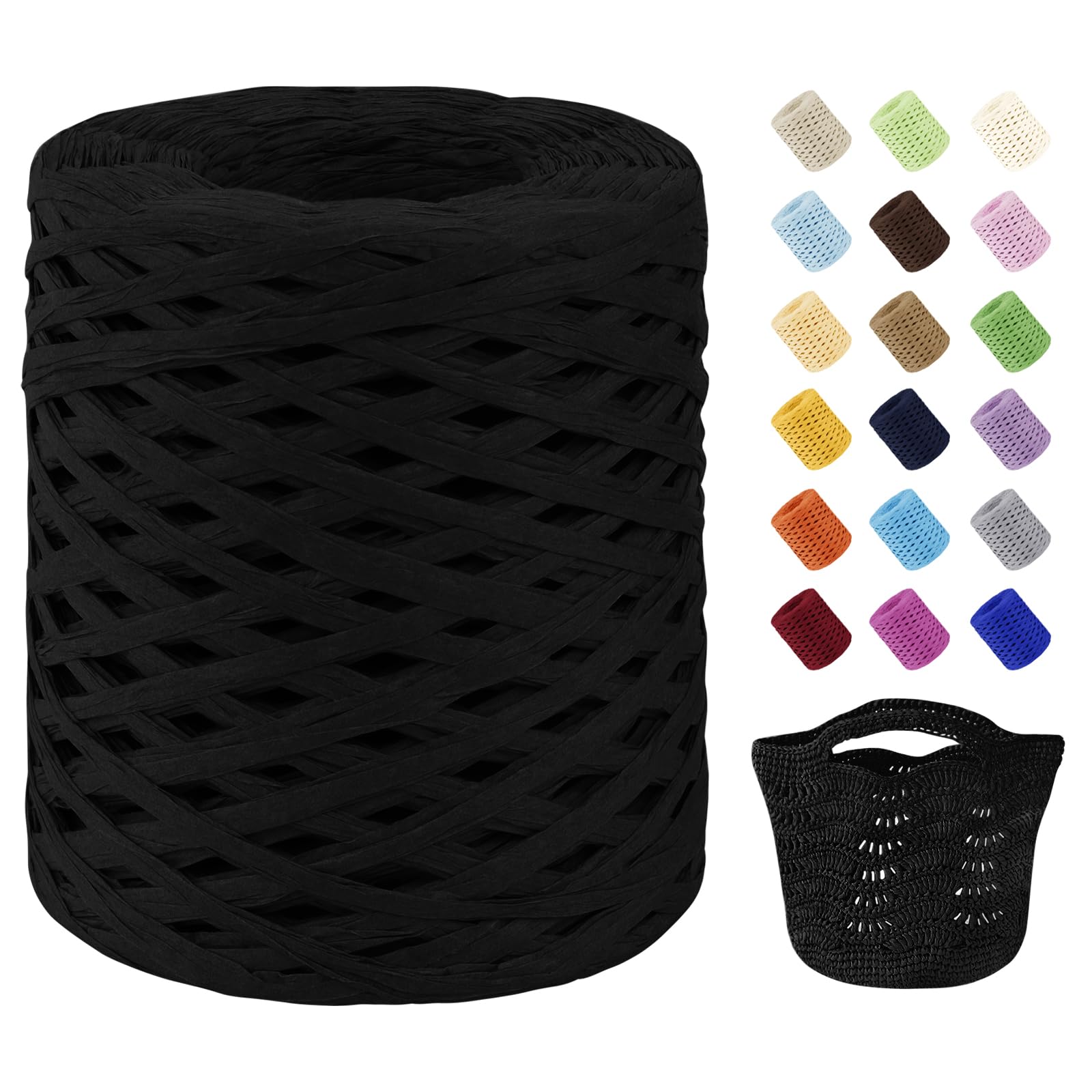 Uiopa Raffia Ribbon for Crochet, 3mm x 200m Raffia Paper Ribbon Straw Crochet Yarn for Crocheting Beach Bags, Sun Hats, Home Decor, DIY Crafts (Black)