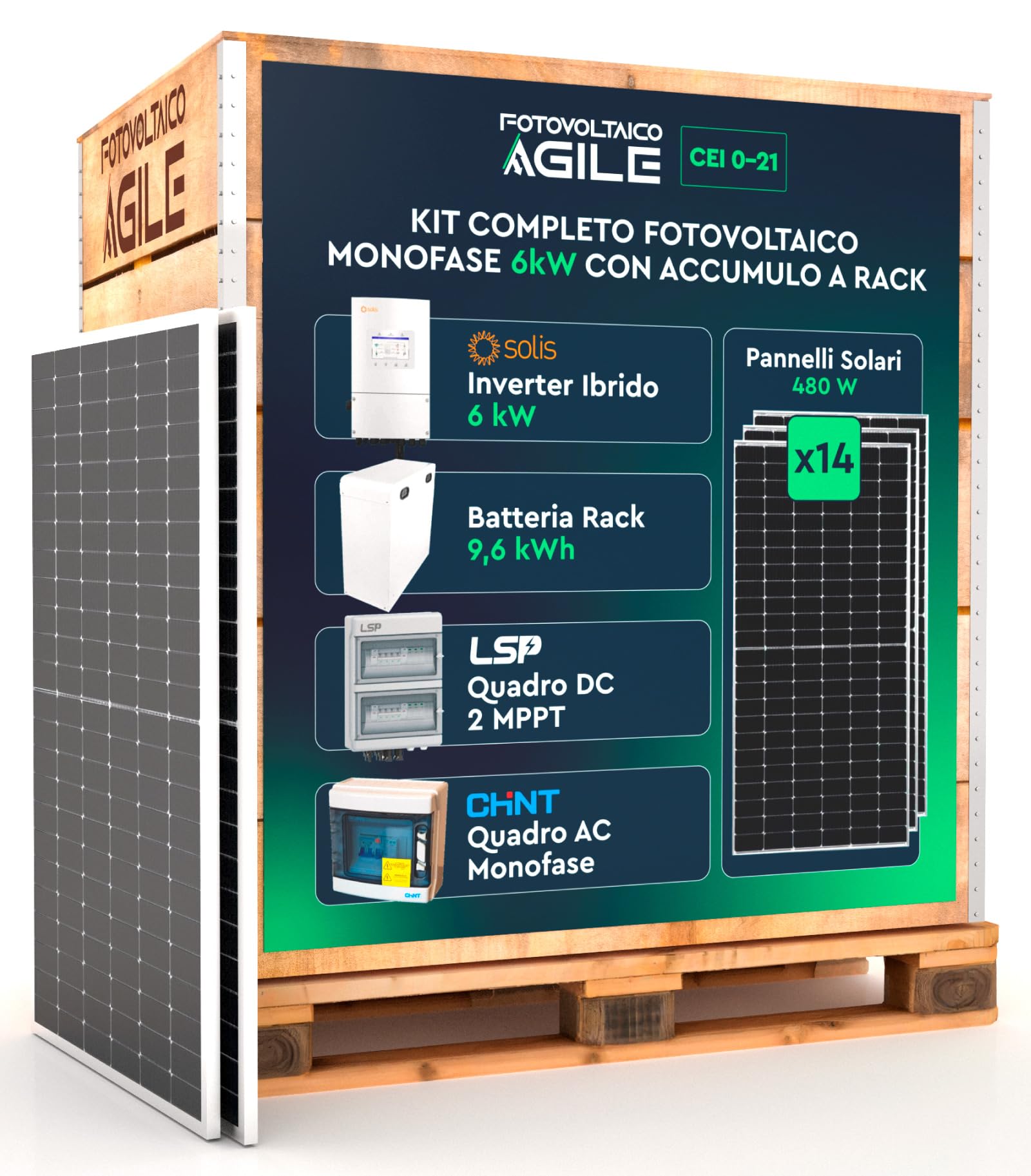 KIT Pannelli Solari 6,72 kWp + Inverter Ibrido Solis 6 kW + Batteria 9,6 kWh + Quadro di stringa 2 MPPT + Quadro AC Monofase Chint - CEI 0-21 - Funzione Backup - Impianto a isola oppure ongrid