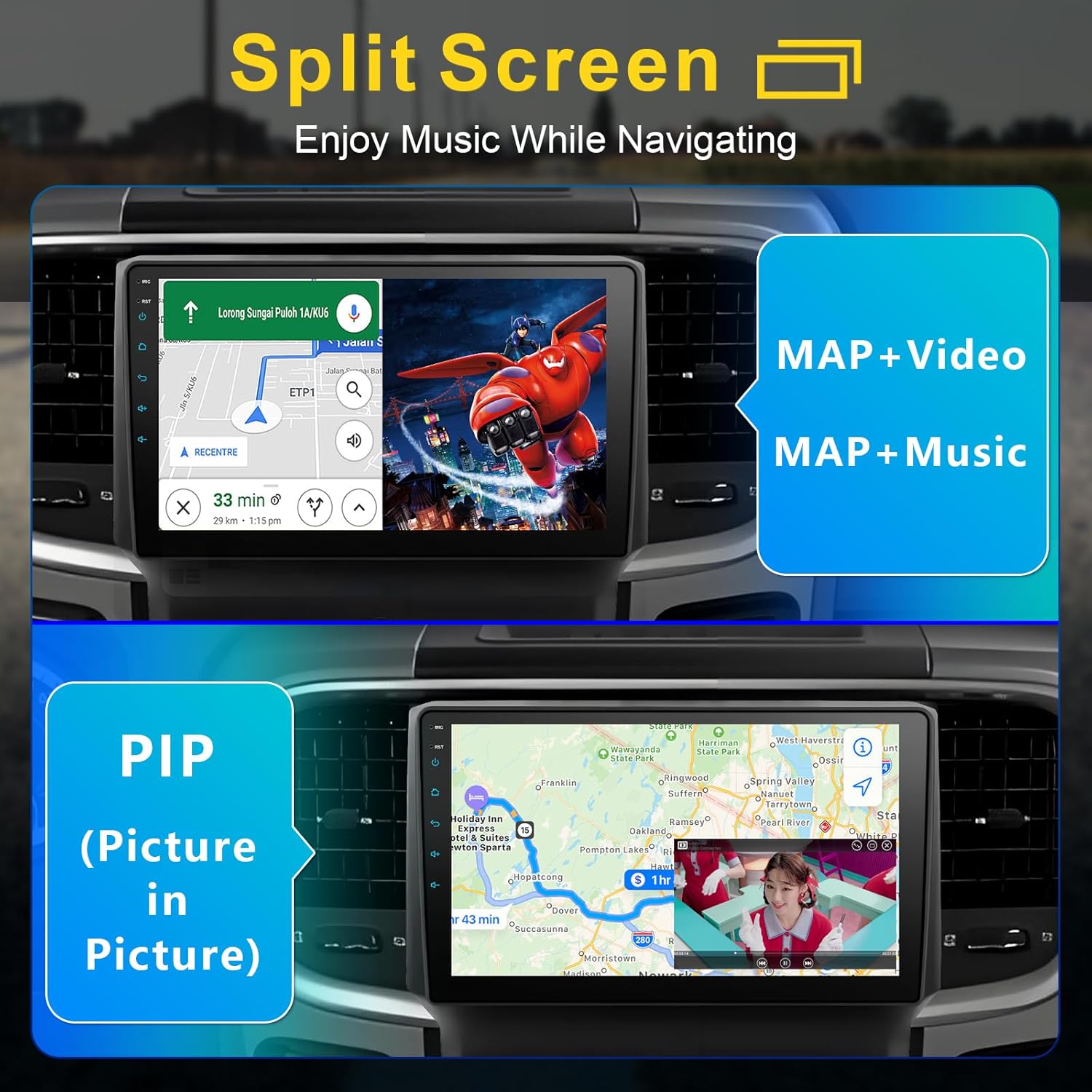 Car stereo screen showing split-screen mode with navigation on one side and video playback on the other.