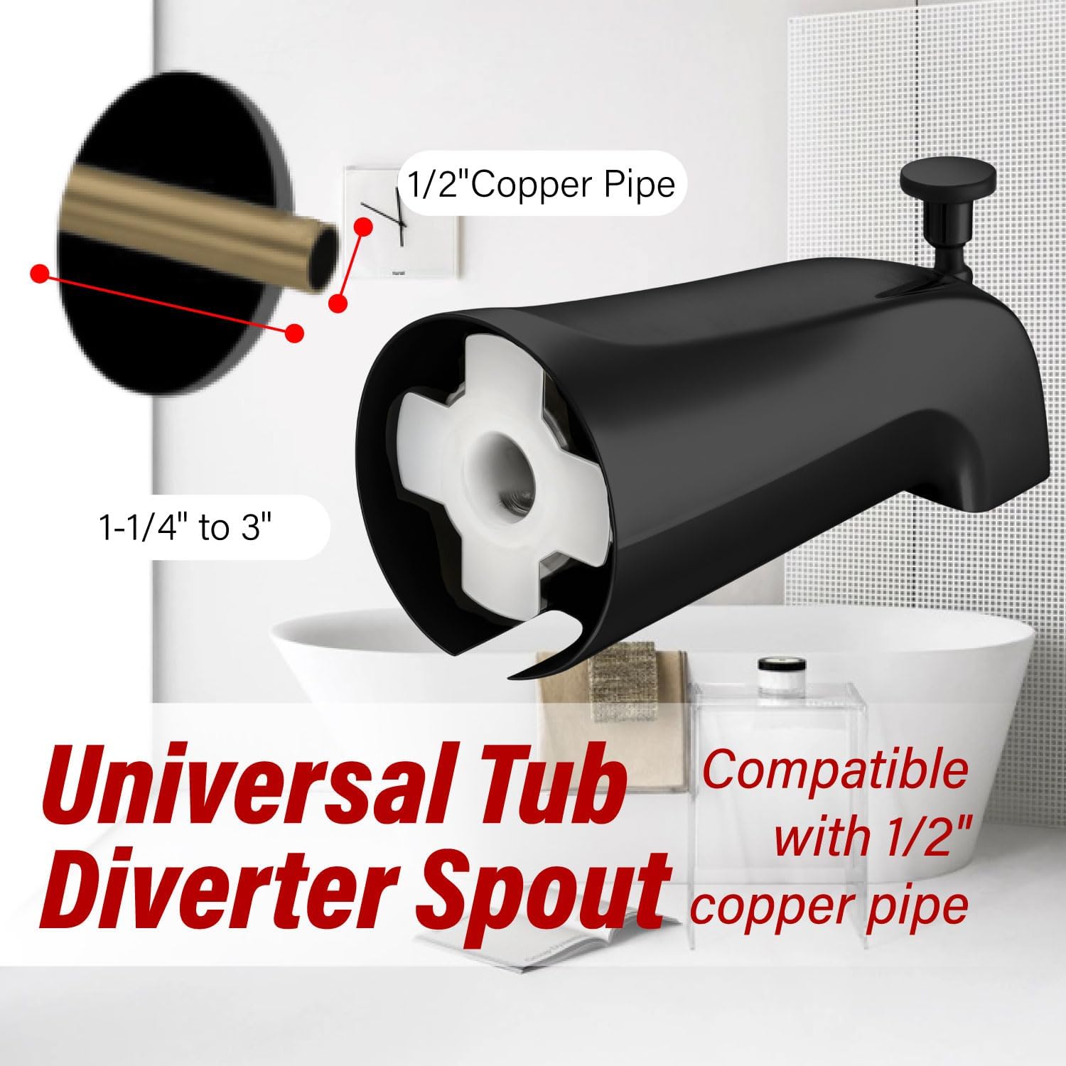 Bathtub Faucet,Tub Spout with Pull Down Diverter,Bath Tub Faucet,Matte Black Tub Spout,Compatible with Bathroom/Bathtub Faucet,Fits 1/2" Copper Water Tube(5/8 inch Dia),with 5/32" Hex Wrench